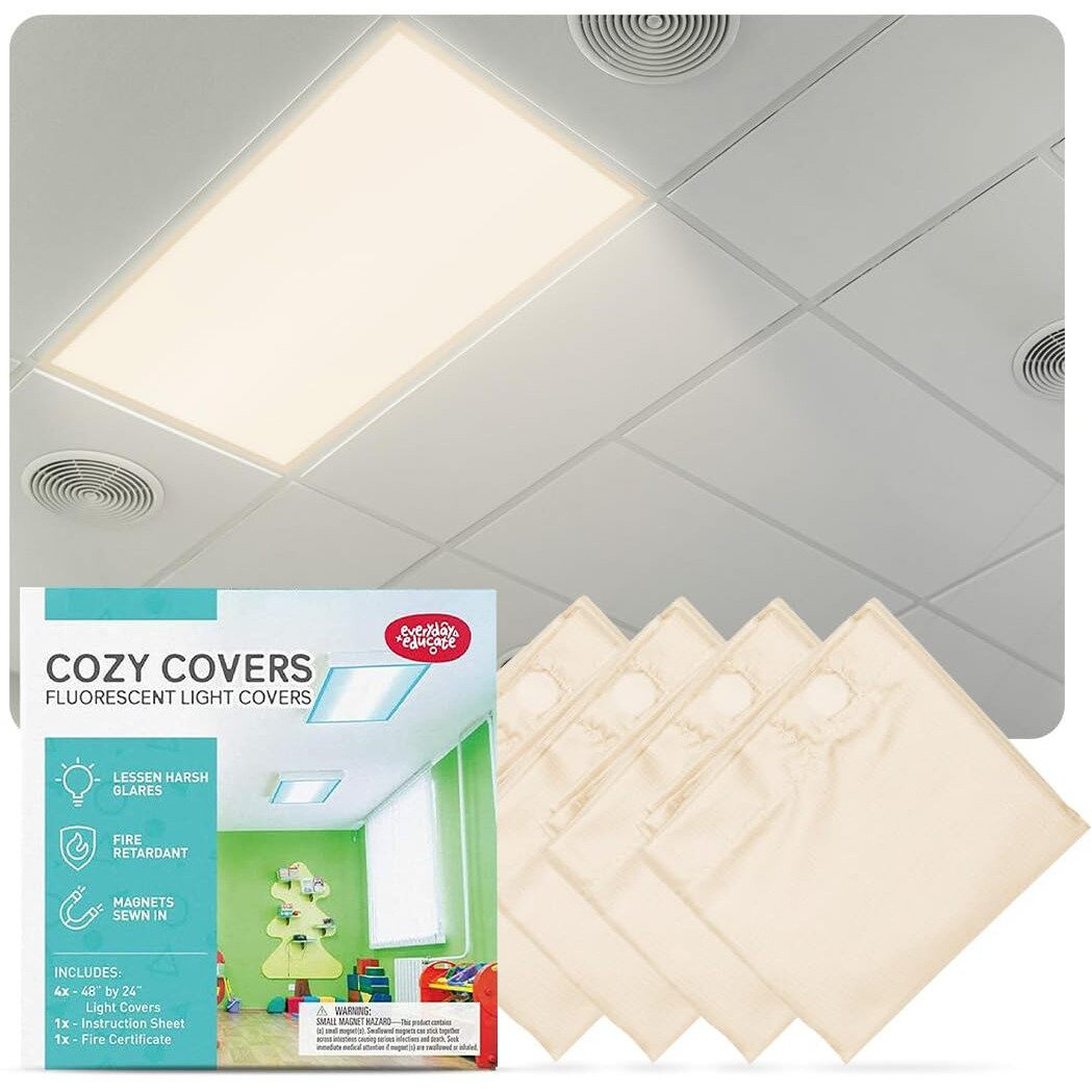 Everyday Educate Fluorescent Light Covers For Ceiling Lights, Classroom, Office, Or Light Covers Fluorescent Filter- Eliminates Flicker & Glare - 48" By 24" (4 Pack, Off White)