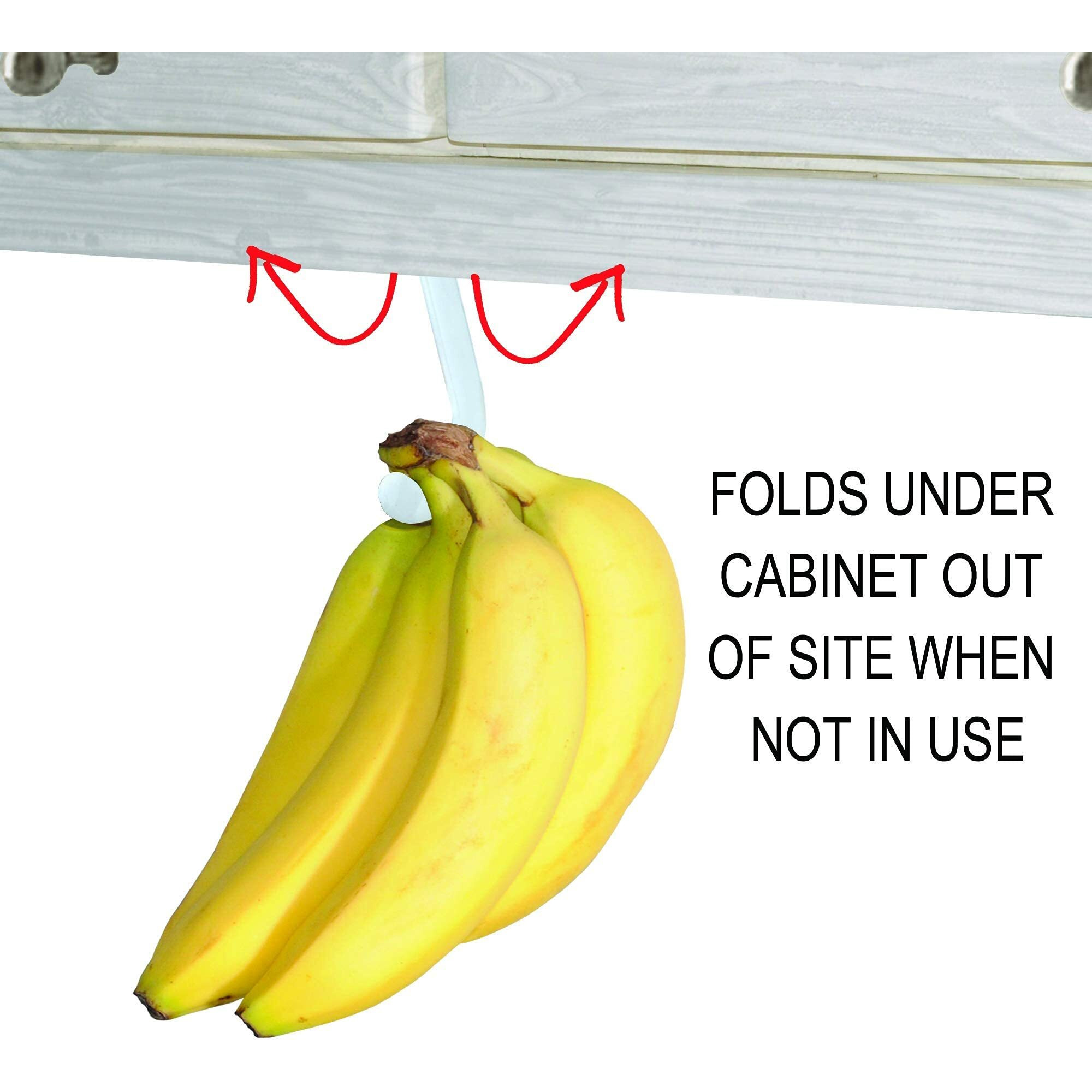 Banana Hook/Hanger (White) - Under Cabinet Hook To Hang A Bunch Of Bananas. Folds Up Out Of Sight When Not In Use. Mounting Adhesive Included. Hanging Bananas Prevents Bruising