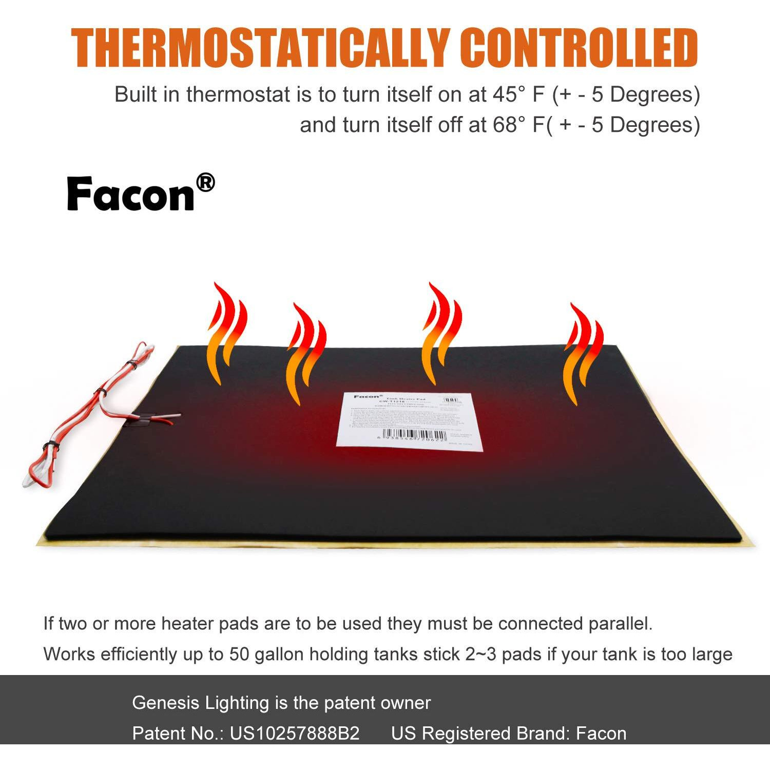 Facon Cw-T1218, 12" X 18" Rv Tank Heater Pad With Automatic Thermostat Control, Use With Up To 50 Gallons Fresh Water/Grey Water/Black Water Tank, 12Volts Dc, Qai Certificated, 2Packs