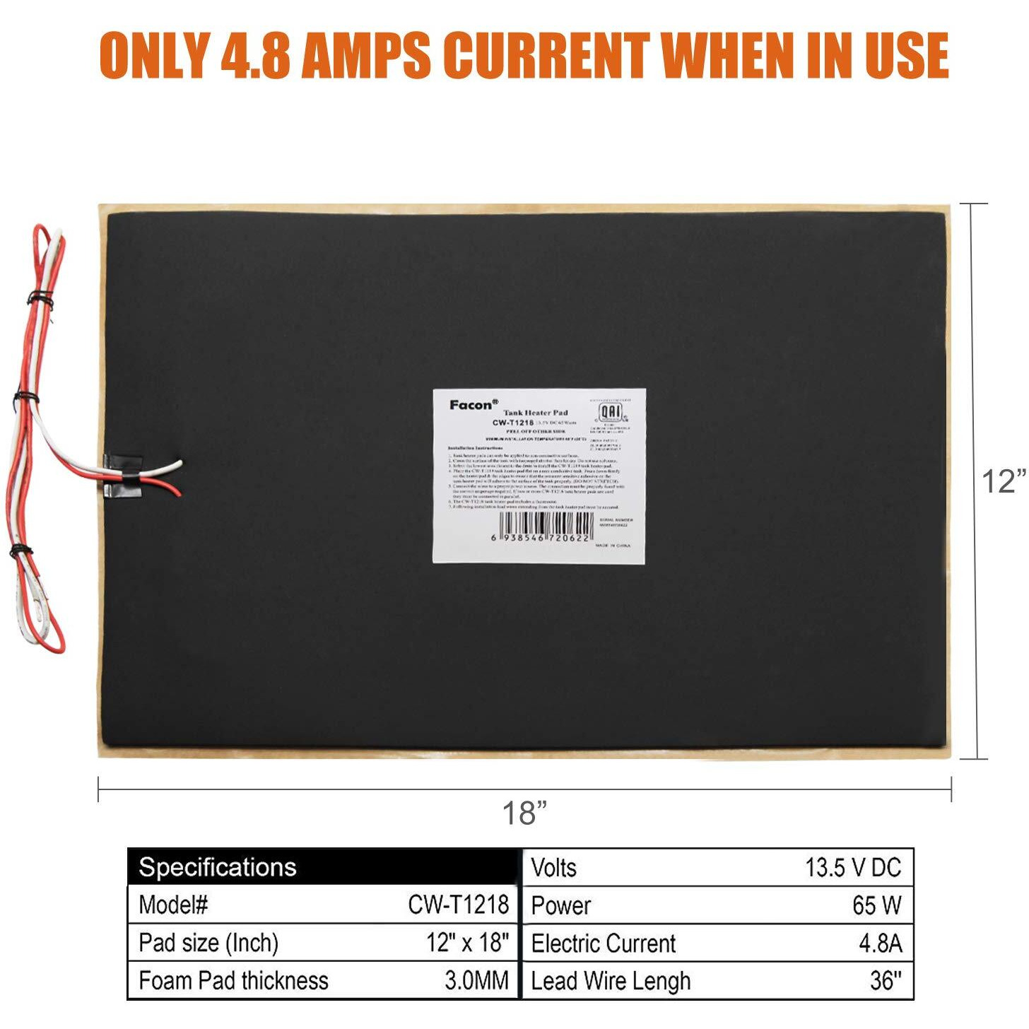 Facon Cw-T1218, 12" X 18" Rv Tank Heater Pad With Automatic Thermostat Control, Use With Up To 50 Gallons Fresh Water/Grey Water/Black Water Tank, 12Volts Dc, Qai Certificated, 2Packs