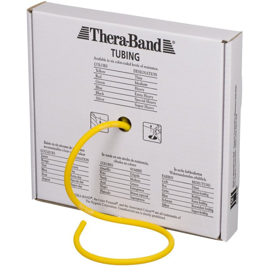 Theraband Resistance Tubes, Professional Latex Elastic Tubing For Upper & Lower Body, Core Exercise, Physical Therapy, Lower Pilates, At-Home Workouts, & Rehab, 25 Foot, Yellow, Thin, Beginner Level 2