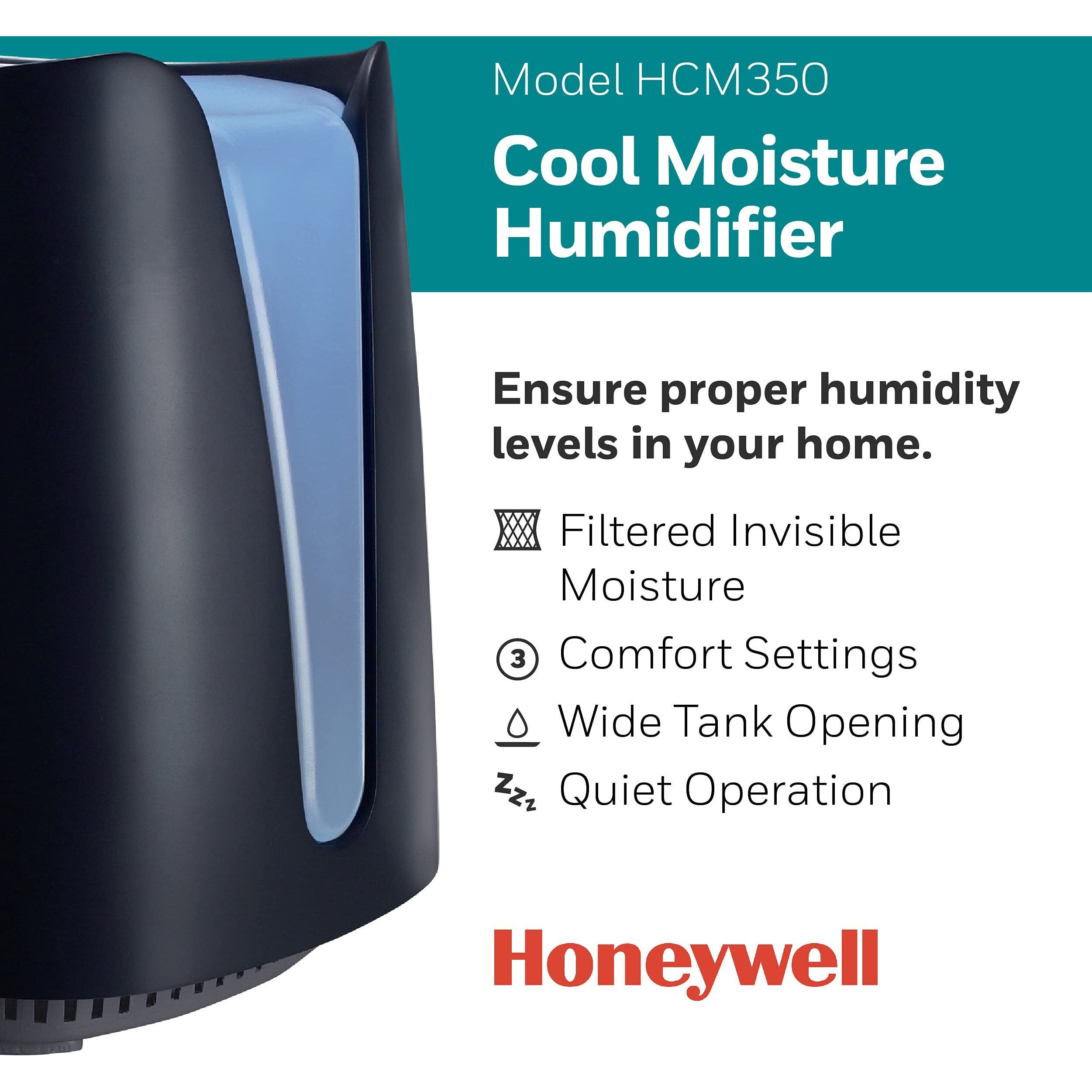 Honeywell Cool Moisture Humidifier, Medium Room, 1.1 Gallon Tank, Black - Invisible Moisture Humidifier For Baby, Kids, Adult Bedrooms - Quiet And Easy To Clean With Uv Technology For Everyday Comfort
