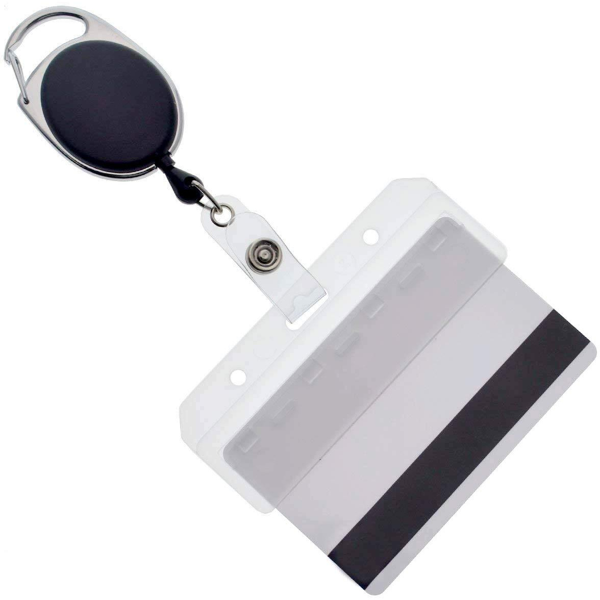 5 Pack - Premium Carabiner Badge Reels With Half Card Badge Holders - Leaves Mag Stripe Exposed For Pos And Swipe Cards By Specialist Id (Solid Black)