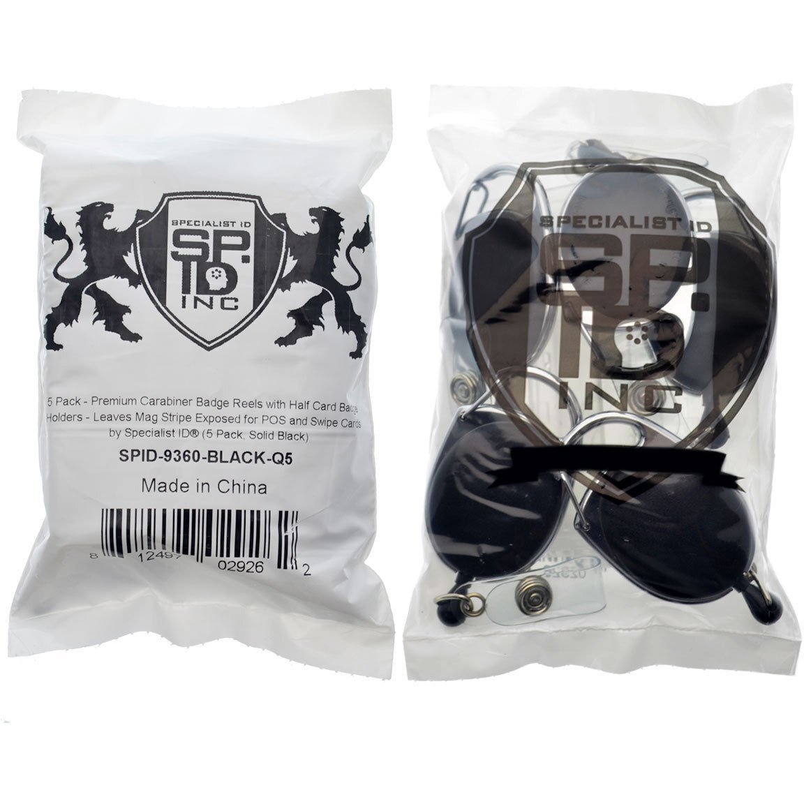 5 Pack - Premium Carabiner Badge Reels With Half Card Badge Holders - Leaves Mag Stripe Exposed For Pos And Swipe Cards By Specialist Id (Solid Black)