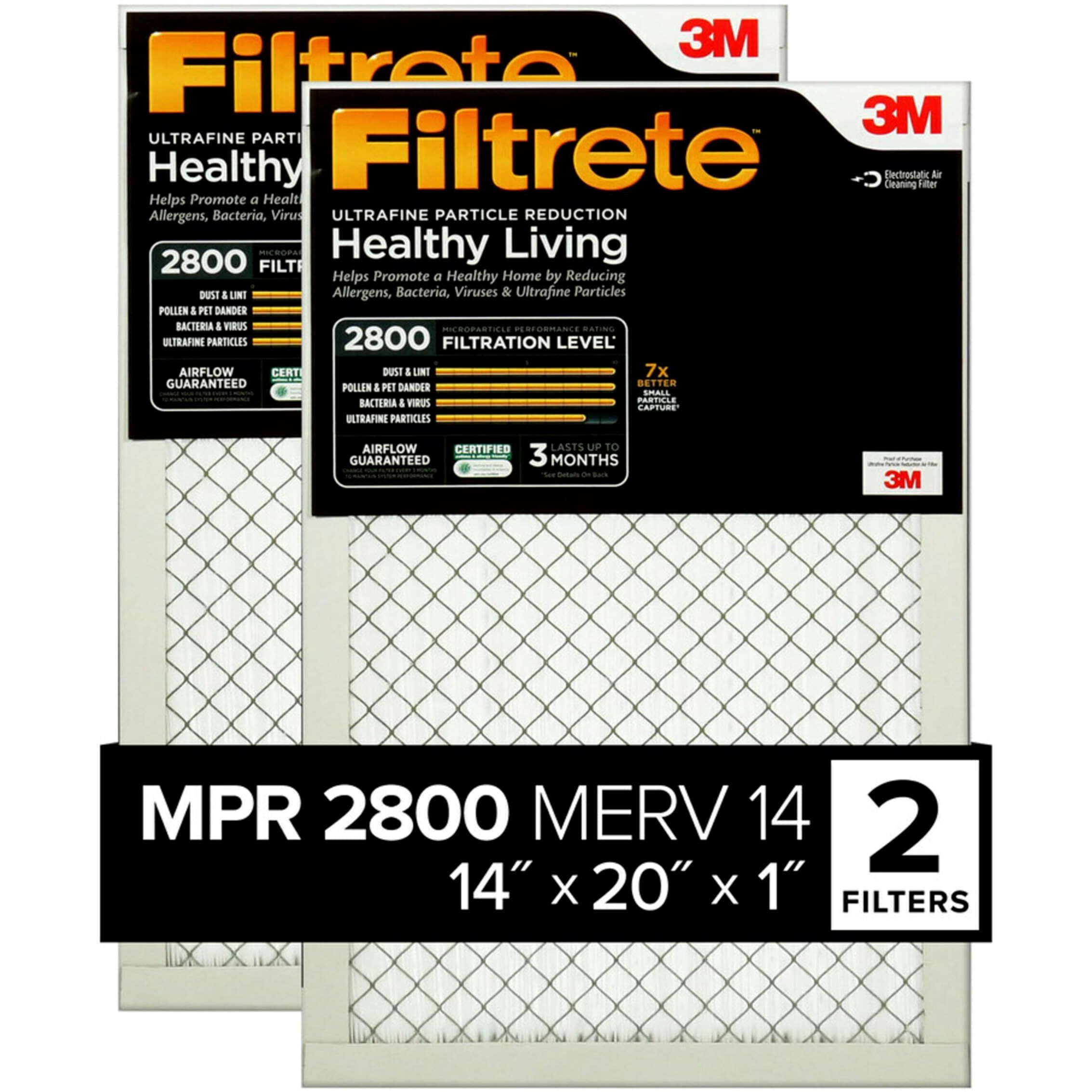 Filtrete 14X20X1 Air Filter, Mpr 2800, Merv 14, Healthy Living Ultrafine Particle Reduction 3-Month Pleated 1-Inch Air Filters, 2 Filters