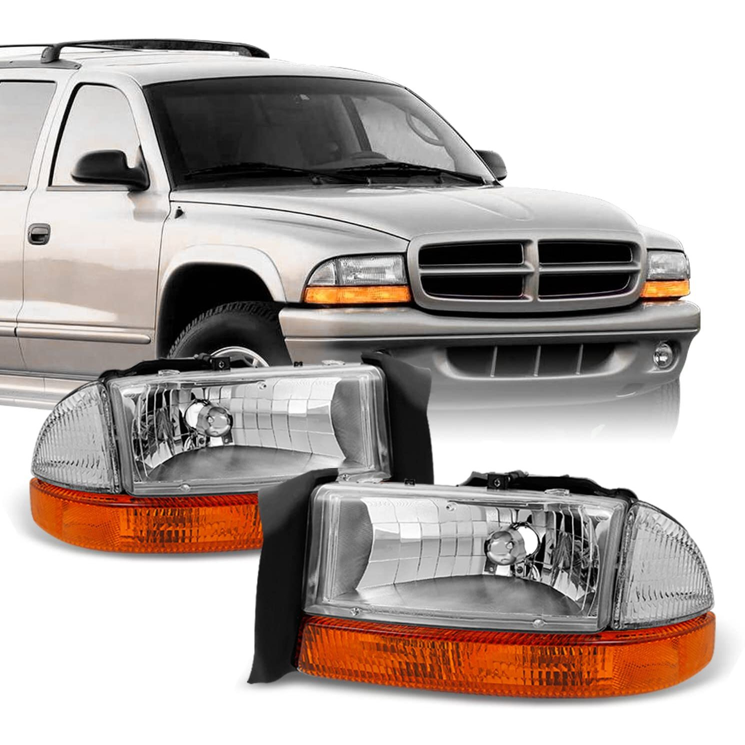 Akkon - Fits 1997-2004 Dodge Dakota | 98-03 Durango Chrome Driver Left + Passenger Right Side Headlights +Signal Lamp Pair Set