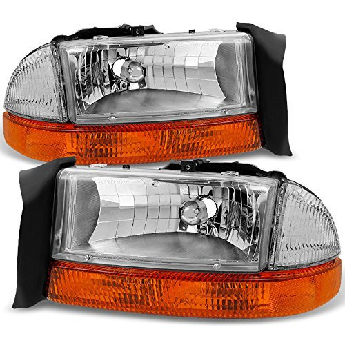 Akkon - Fits 1997-2004 Dodge Dakota | 98-03 Durango Chrome Driver Left + Passenger Right Side Headlights +Signal Lamp Pair Set