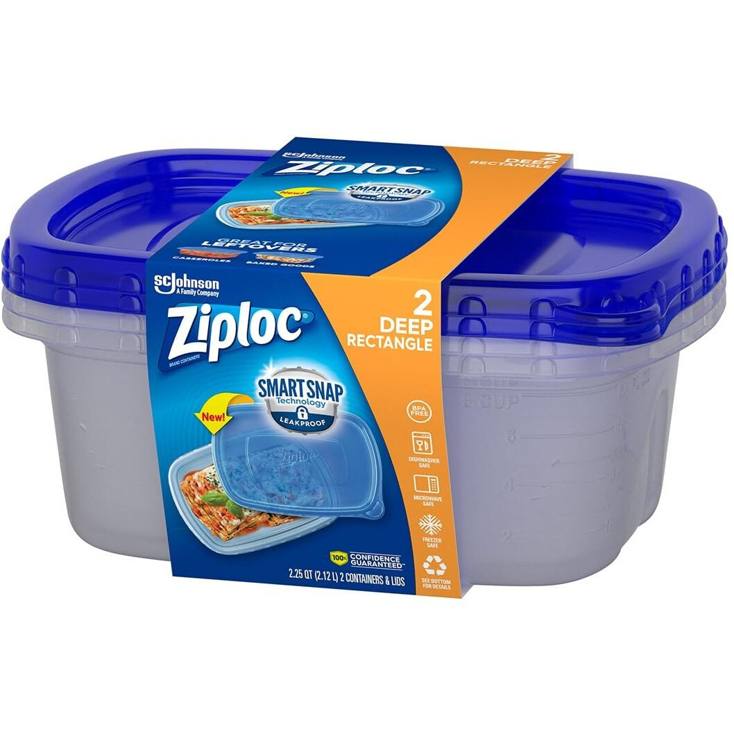 Ziploc Large Rectangle 9 Cup Containers With Lids, 2 Count
