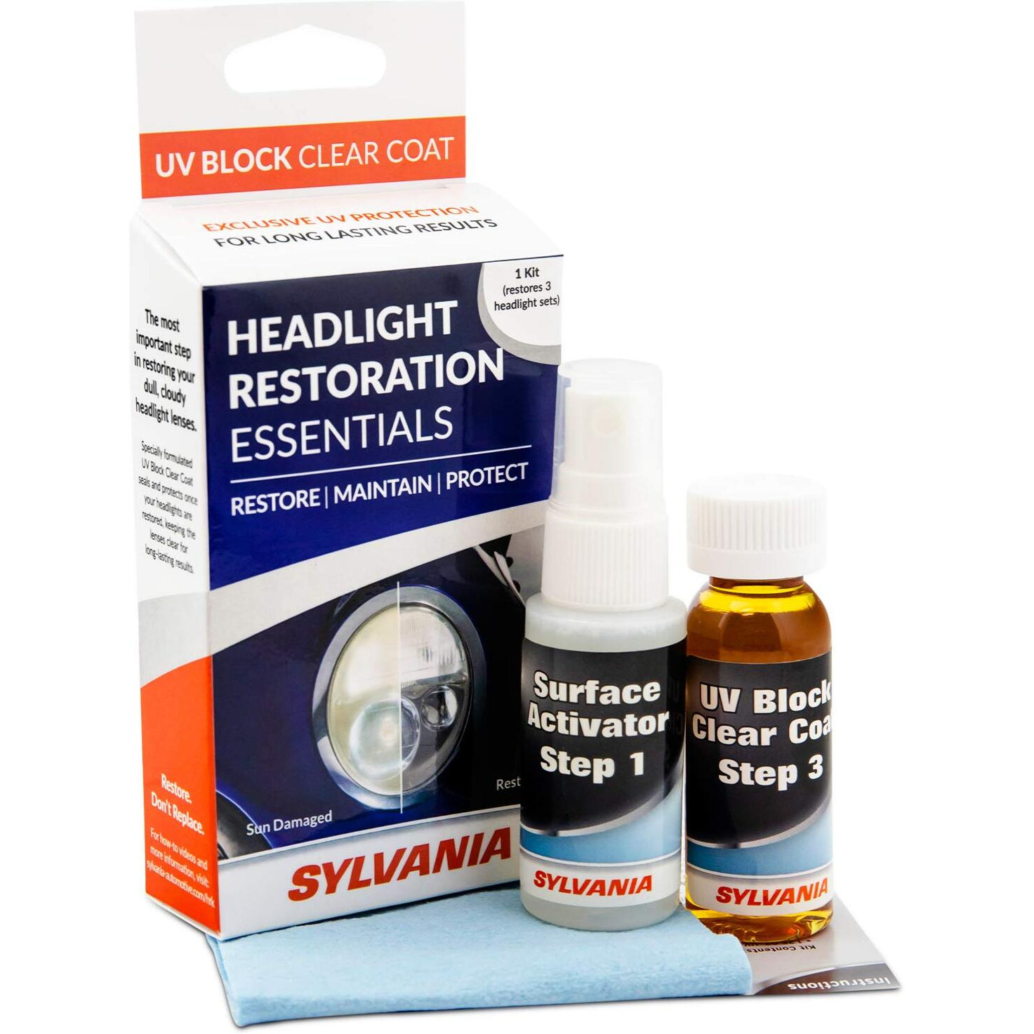 Sylvania - Headlight Restoration Essentials Kit - Uv Block Clear Coat, Most Important Step To Restore Sun Damaged Headlights, Surface Activator, Uv Protection For Clearer Headlights - 1 Fl Oz