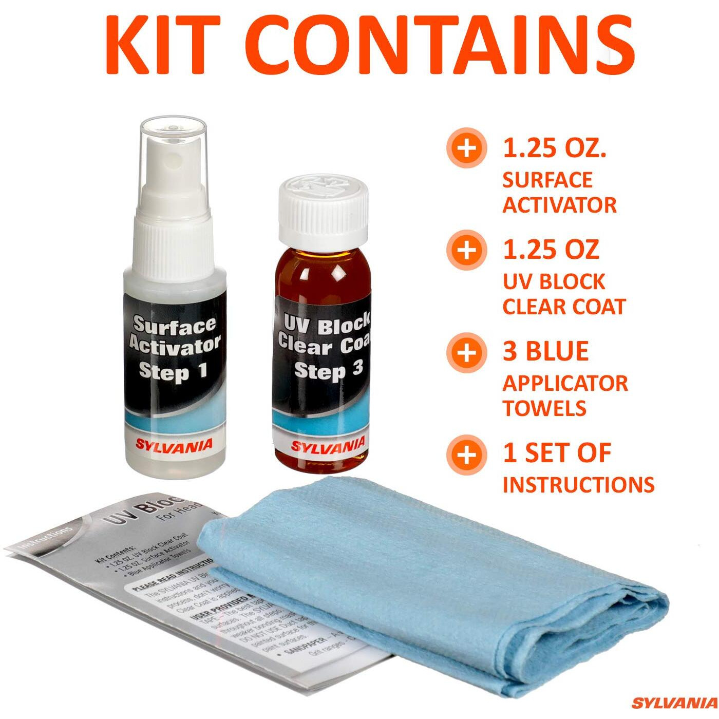 Sylvania - Headlight Restoration Essentials Kit - Uv Block Clear Coat, Most Important Step To Restore Sun Damaged Headlights, Surface Activator, Uv Protection For Clearer Headlights - 1 Fl Oz