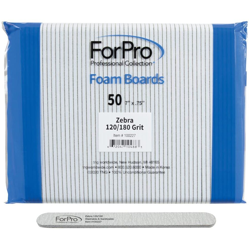 Forpro Zebra Foam Board, 120/180 Grit, Double-Sided Manicure Nail File, 7 L X .75 W 50-Count
