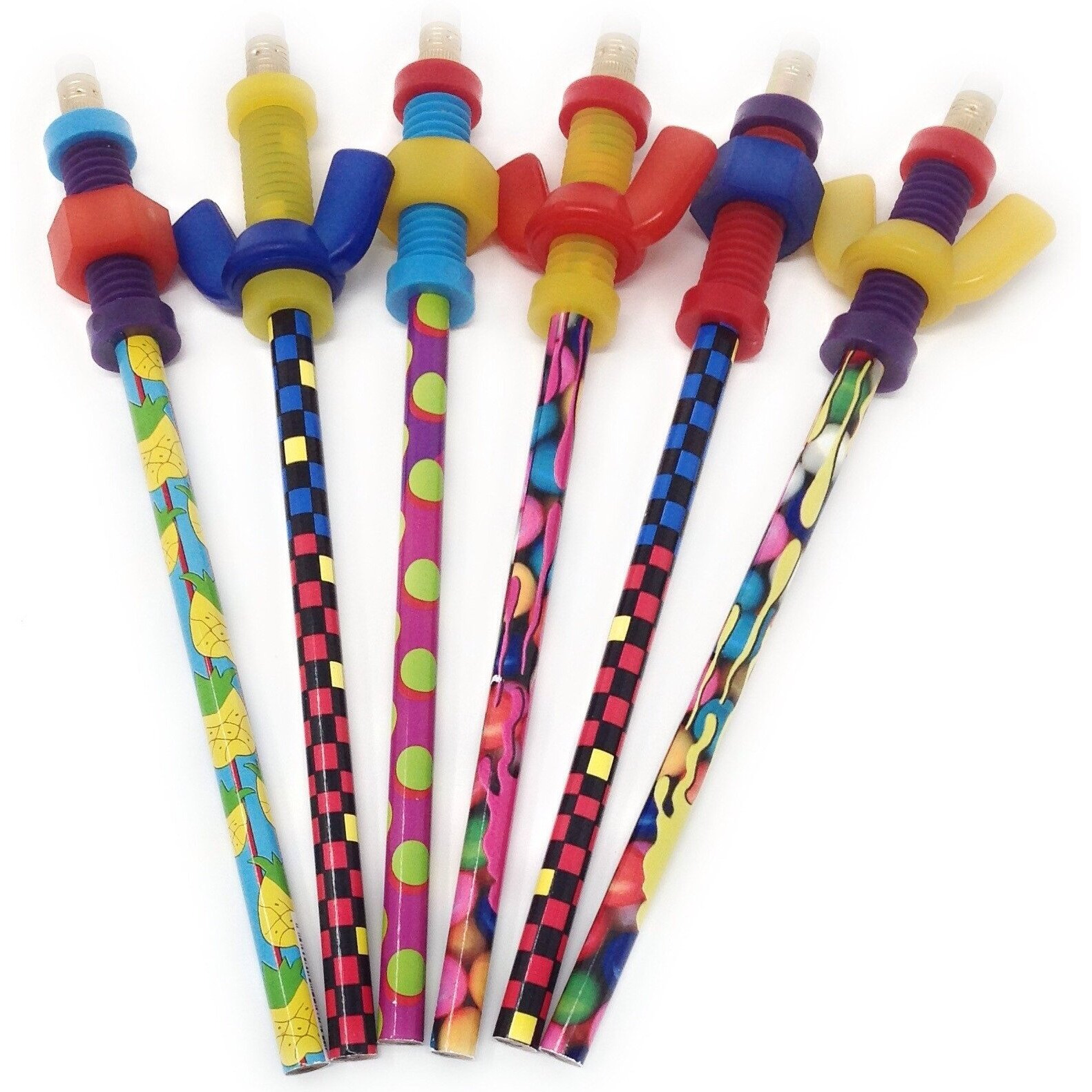 Beacon-Ridge Fidget Pencil Toppers On Pencil, Set Of 6 (3 Wing Nuts And 3 Nuts'N Bolts), Colors Vary