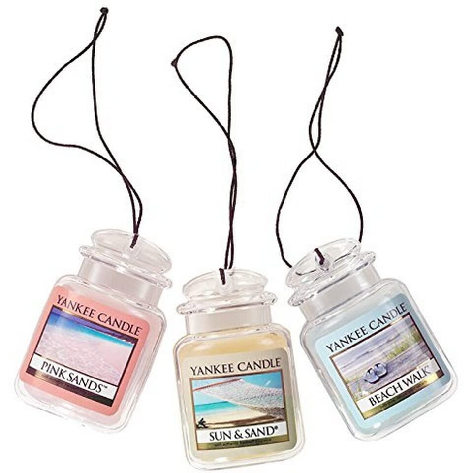 Yankee Candle Car Air Fresheners, Hanging Car Jar Ultimate 3-Pack, Neutralizes Odors Up To 30 Days, Includes 1 Beach Walk, 1 Pink Sands, And 1 Sun And Sand (Pack Of 3)