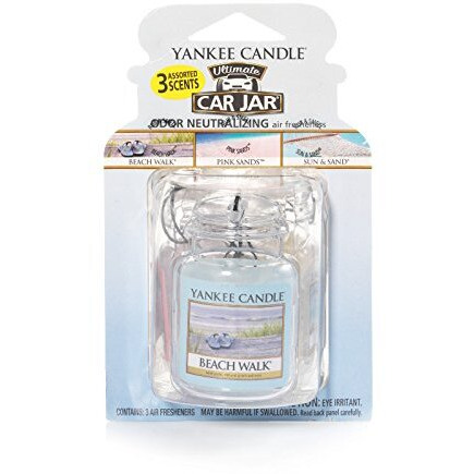 Yankee Candle Car Air Fresheners, Hanging Car Jar Ultimate 3-Pack, Neutralizes Odors Up To 30 Days, Includes 1 Beach Walk, 1 Pink Sands, And 1 Sun And Sand (Pack Of 3)
