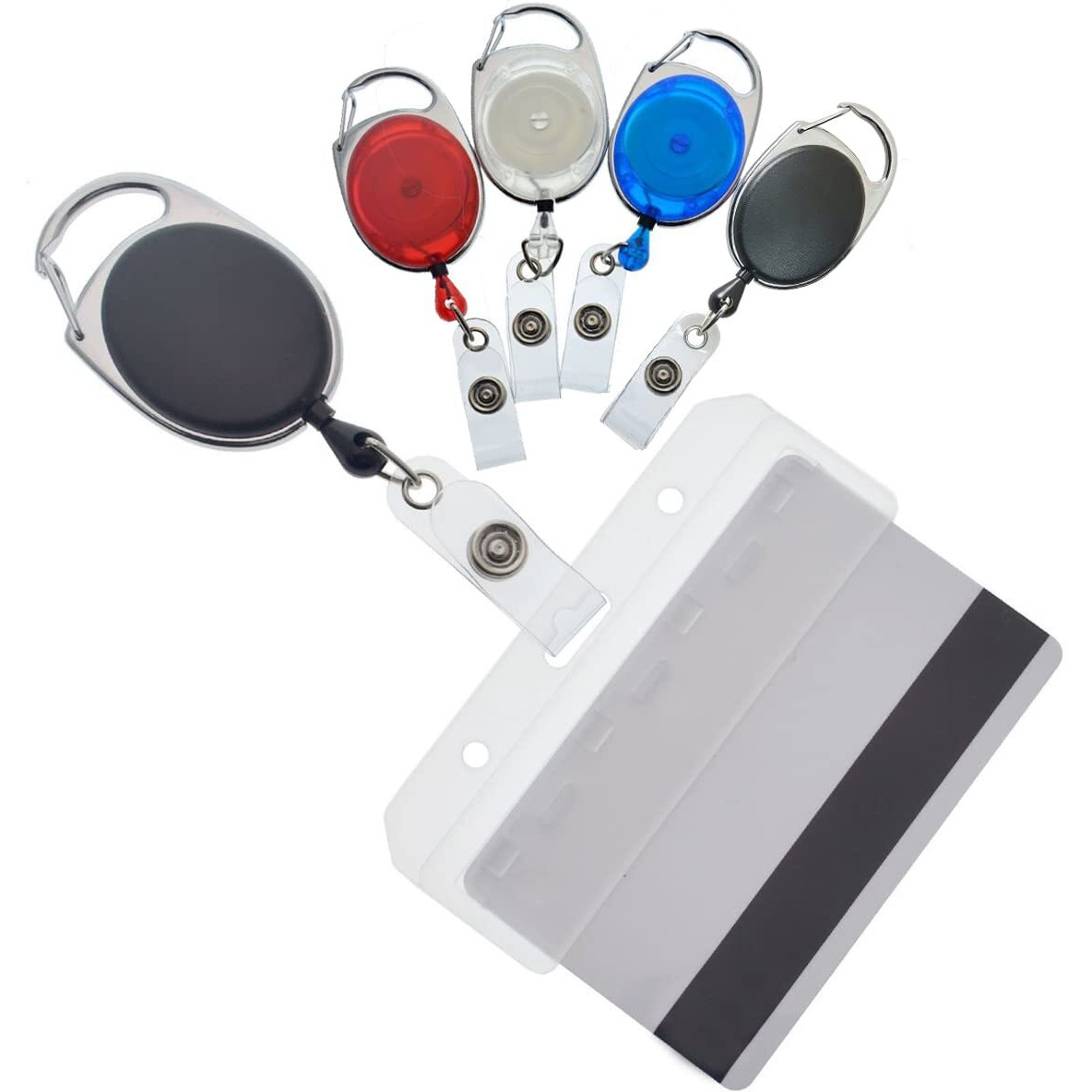 5 Pack - Premium Carabiner Badge Reels With Half Card Badge Holders - Leaves Mag Stripe Exposed For Pos And Swipe Cards By Specialist Id (Assorted Colors)