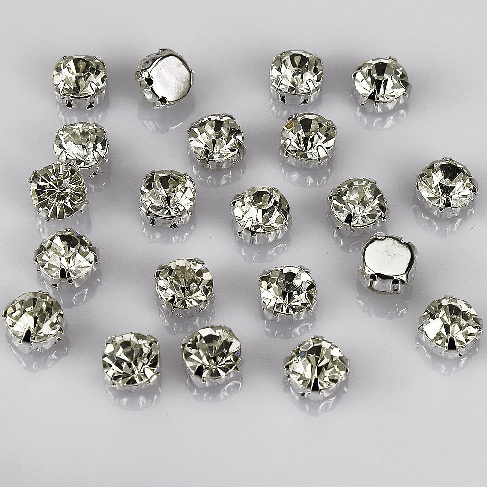Ollibeads (Tm) 50 Pcs Crystal Ringed Sew On Rhinestone Czech Glass With Silver Plated Brass Base Prongs Cup, White 10 Mm