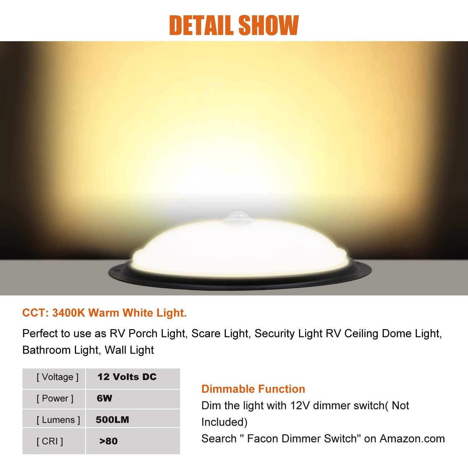 Facon 12V 8'' Rv Porch Light Scare Light Security Light - Ceiling/Wall Light Use In Door&Out Door, With Pir Motion Sensor Function - Water Proof Ip 66