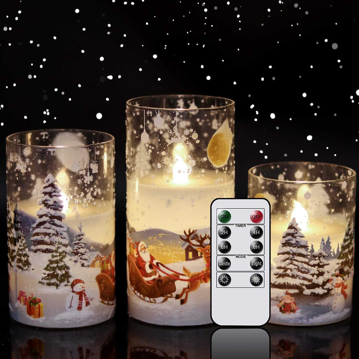 Eldnacele Santa Claus Glass Flameless Candle With Remote Timer Battery Operated Flickering Led Pillar Candles 3 Pack Warm White Light Christmas Decal Candles Set Of 3 (D3 X H 4 5 6) - Santa Sleigh