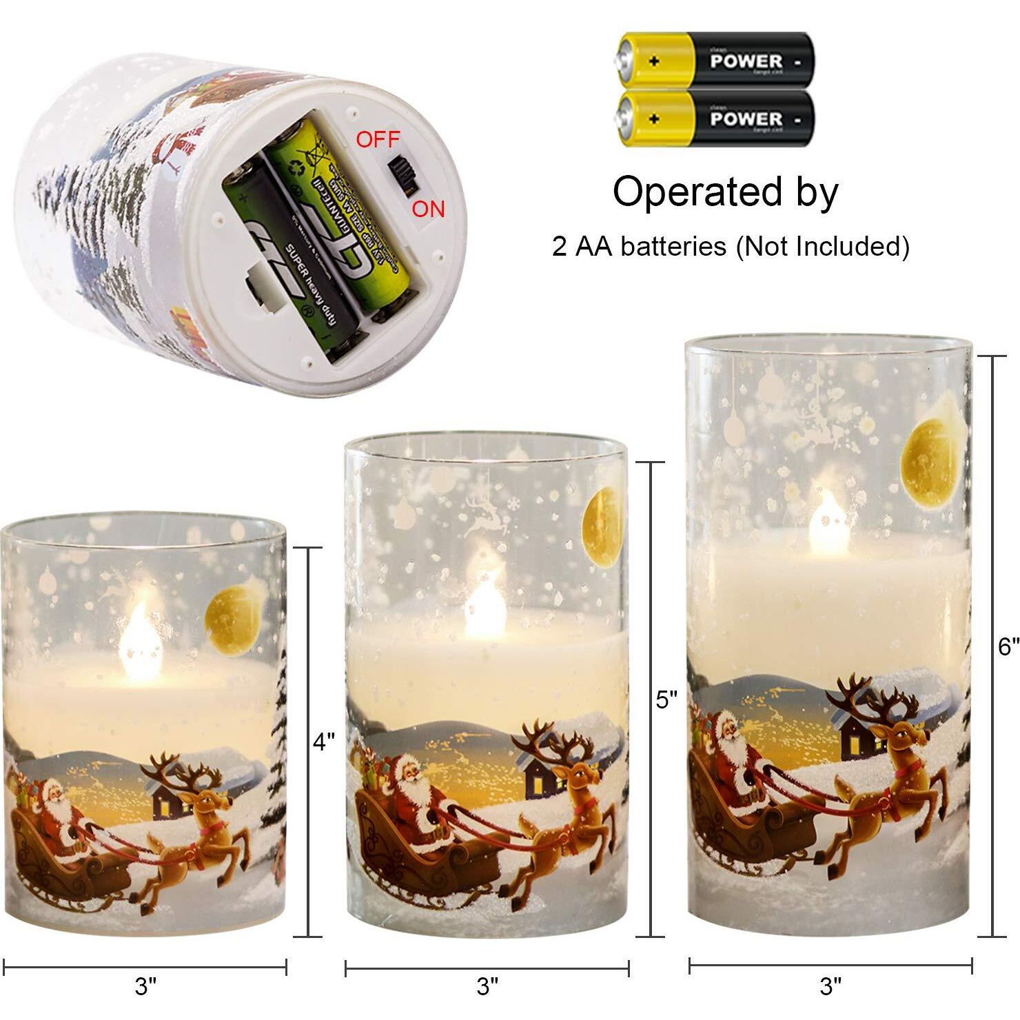 Eldnacele Santa Claus Glass Flameless Candle With Remote Timer Battery Operated Flickering Led Pillar Candles 3 Pack Warm White Light Christmas Decal Candles Set Of 3 (D3 X H 4 5 6) - Santa Sleigh