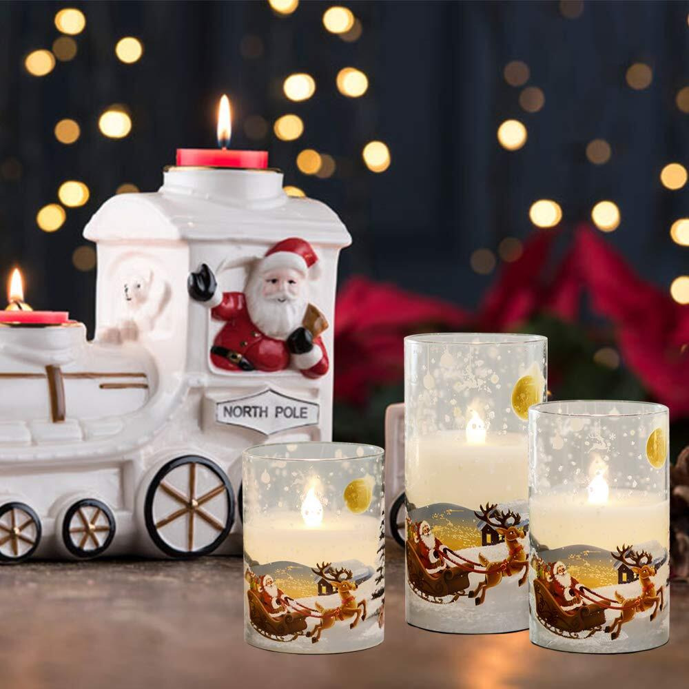 Eldnacele Santa Claus Glass Flameless Candle With Remote Timer Battery Operated Flickering Led Pillar Candles 3 Pack Warm White Light Christmas Decal Candles Set Of 3 (D3 X H 4 5 6) - Santa Sleigh