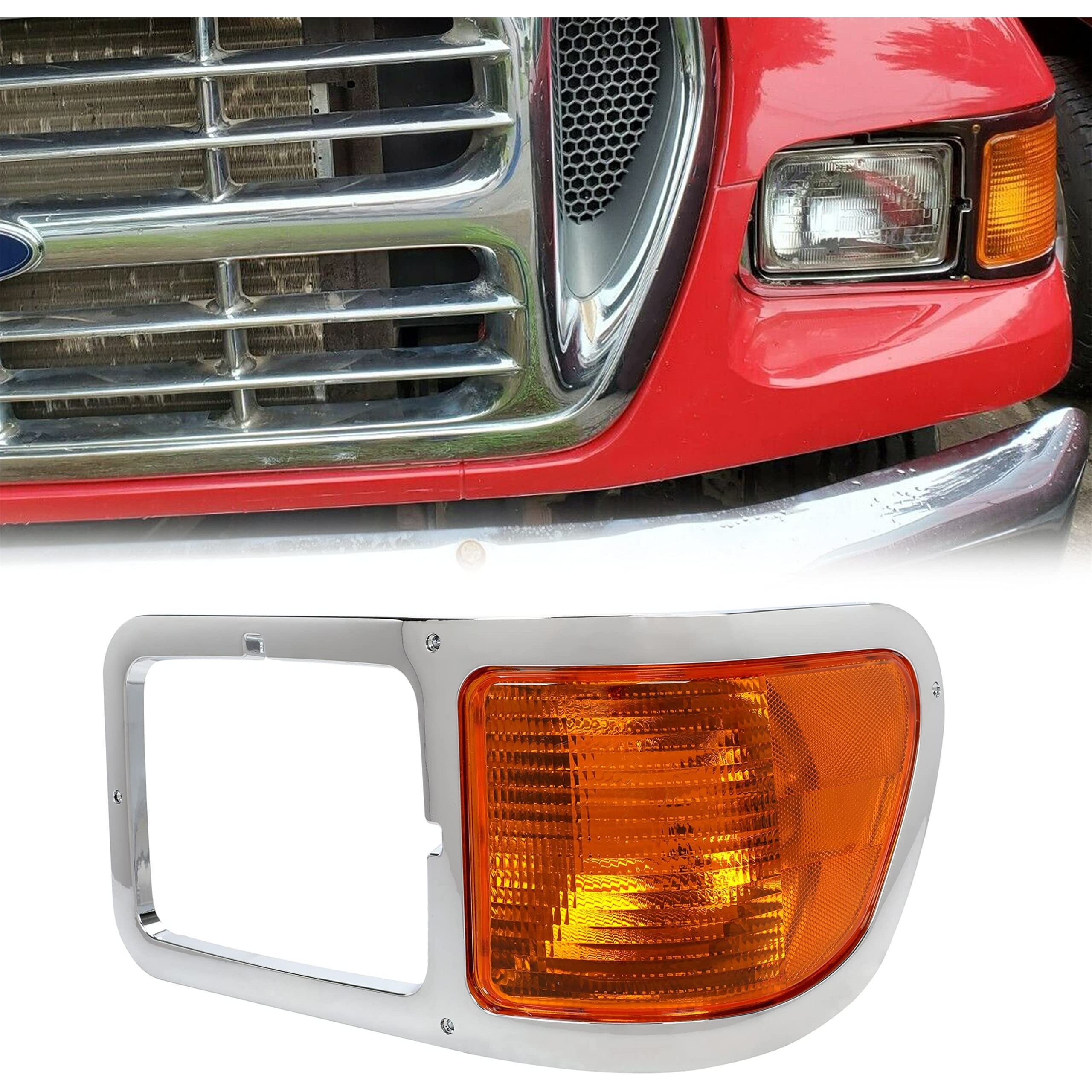 Ecotric Left Corner Signal Lights Compatible With 2000-2015 Ford F650 F750 W/Chrome Casing Headlight Bezel Trim Driver Side Replacement For Fo2520196