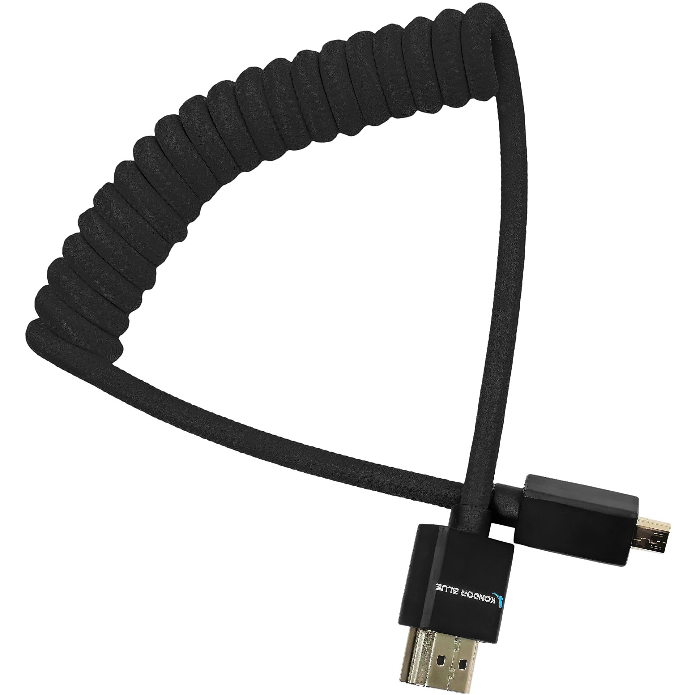 Kondor Blue 4K Micro Hdmi To Hdmi Thin Short Coiled Braided Cable For On-Camera Monitors, Capture Cards + More | 4K/60Hz | 18Gbps 3D Hdr Metadata | 12" ~ 24" Inch | Black