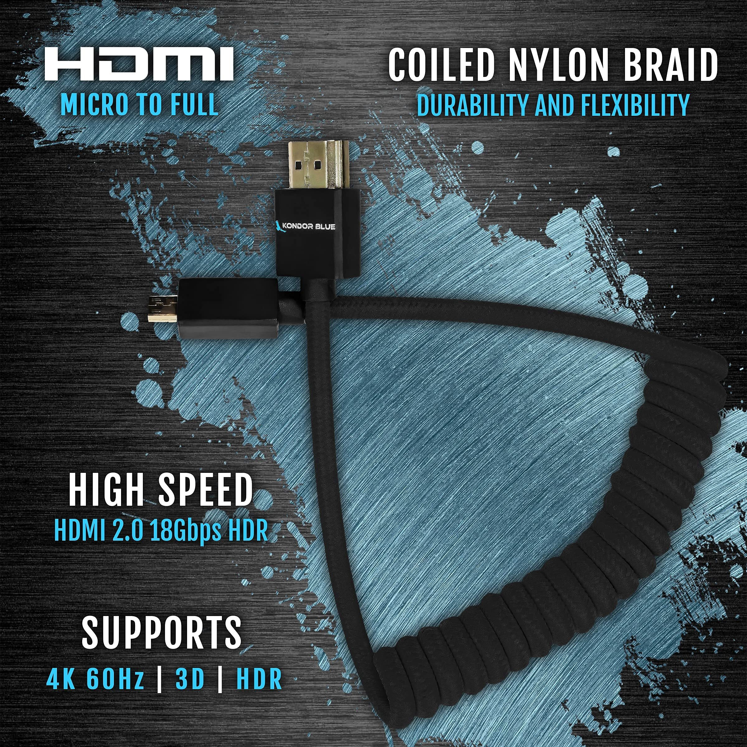 Kondor Blue 4K Micro Hdmi To Hdmi Thin Short Coiled Braided Cable For On-Camera Monitors, Capture Cards + More | 4K/60Hz | 18Gbps 3D Hdr Metadata | 12" ~ 24" Inch | Black
