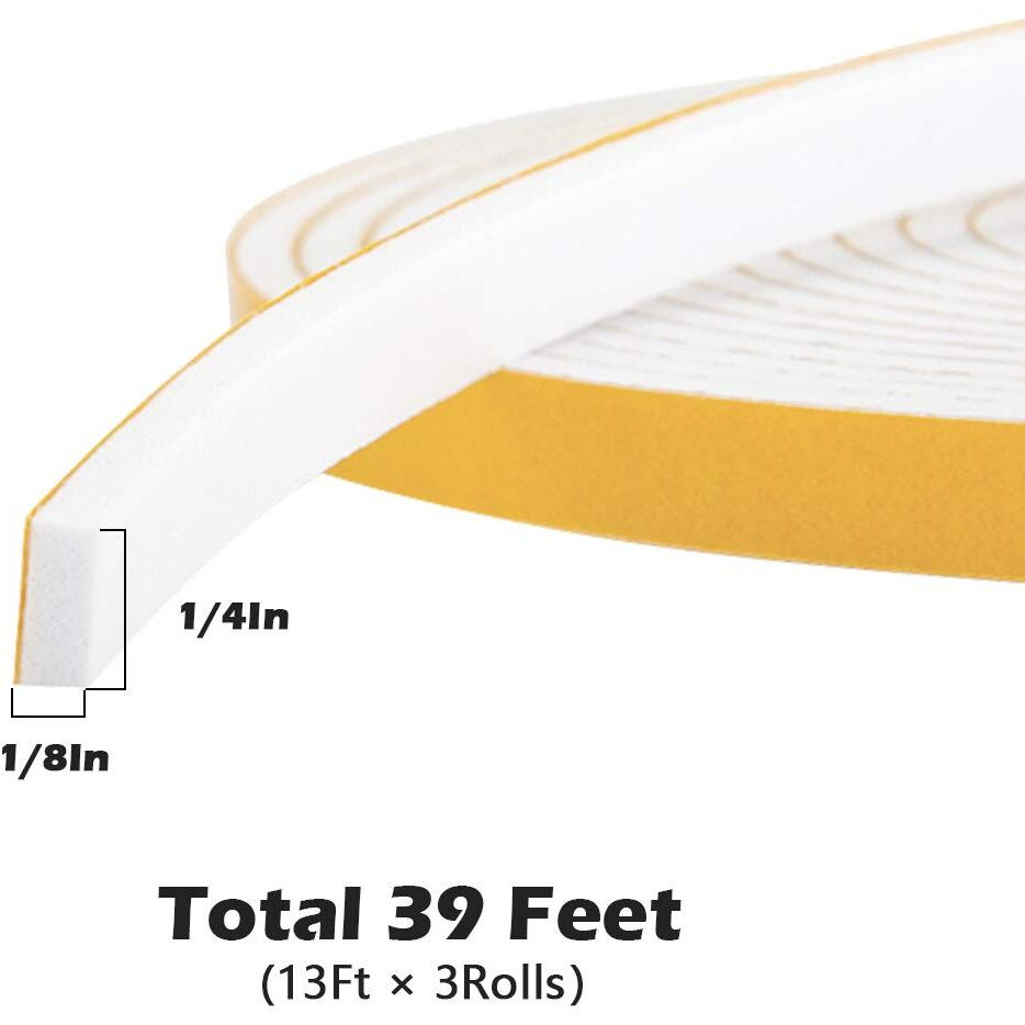 White Door Window Weather Stripping 39 Feet, Self Adhesive Foam Tape High Density Foam Sealing Strip Window Insulation Gasket Tape 1/4 Inch Wide X 1/8 Inch Thick, 13 Ft X 3Rolls