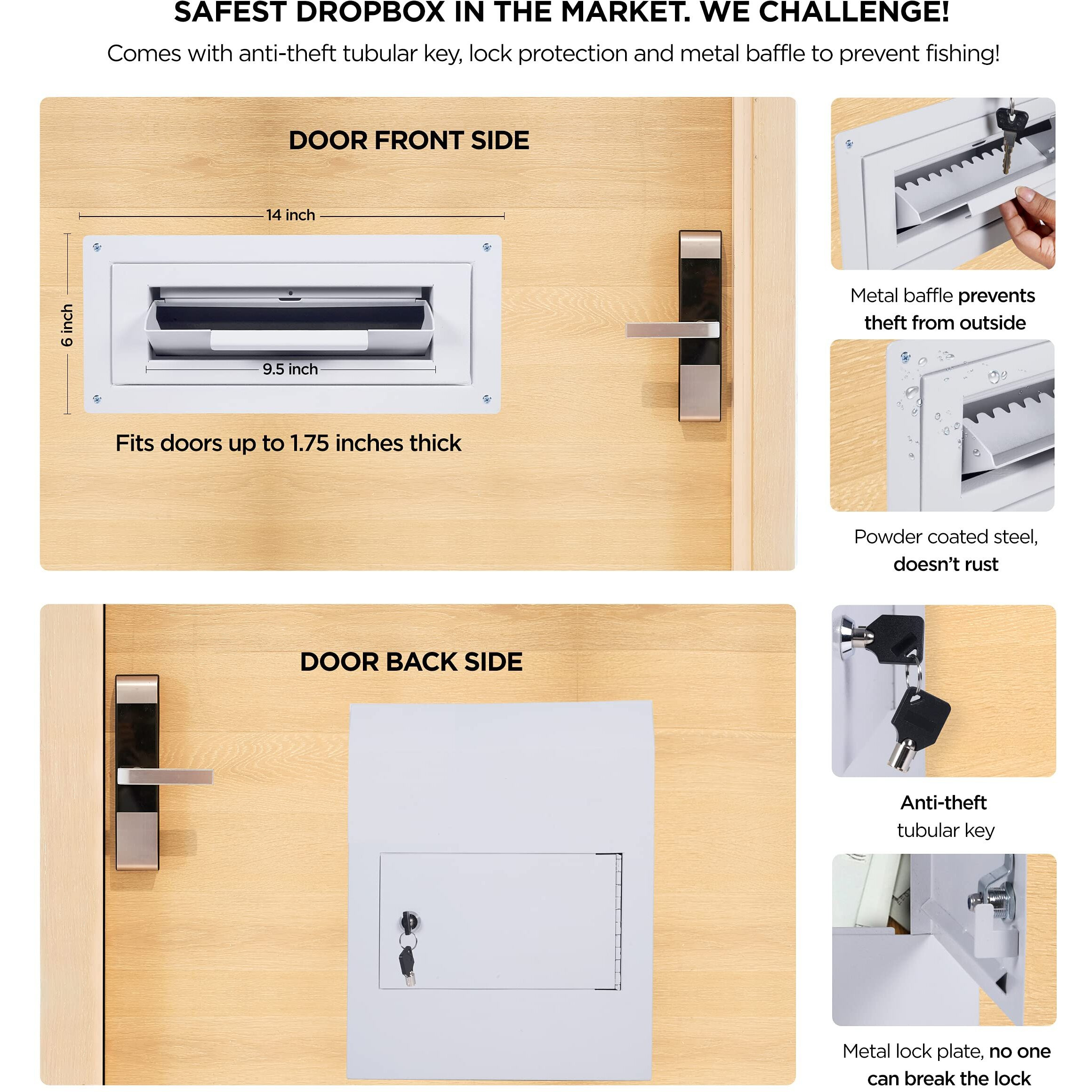 Flybold Through-The-Door Locking Key Drop Box Heavy Duty Rainproof Door Mail Slot Drop Boxes For Business With Tubular Lock Keys Baffle Prevents Money Fishing Dropbox Slots For Doors Keys Rent Deposit
