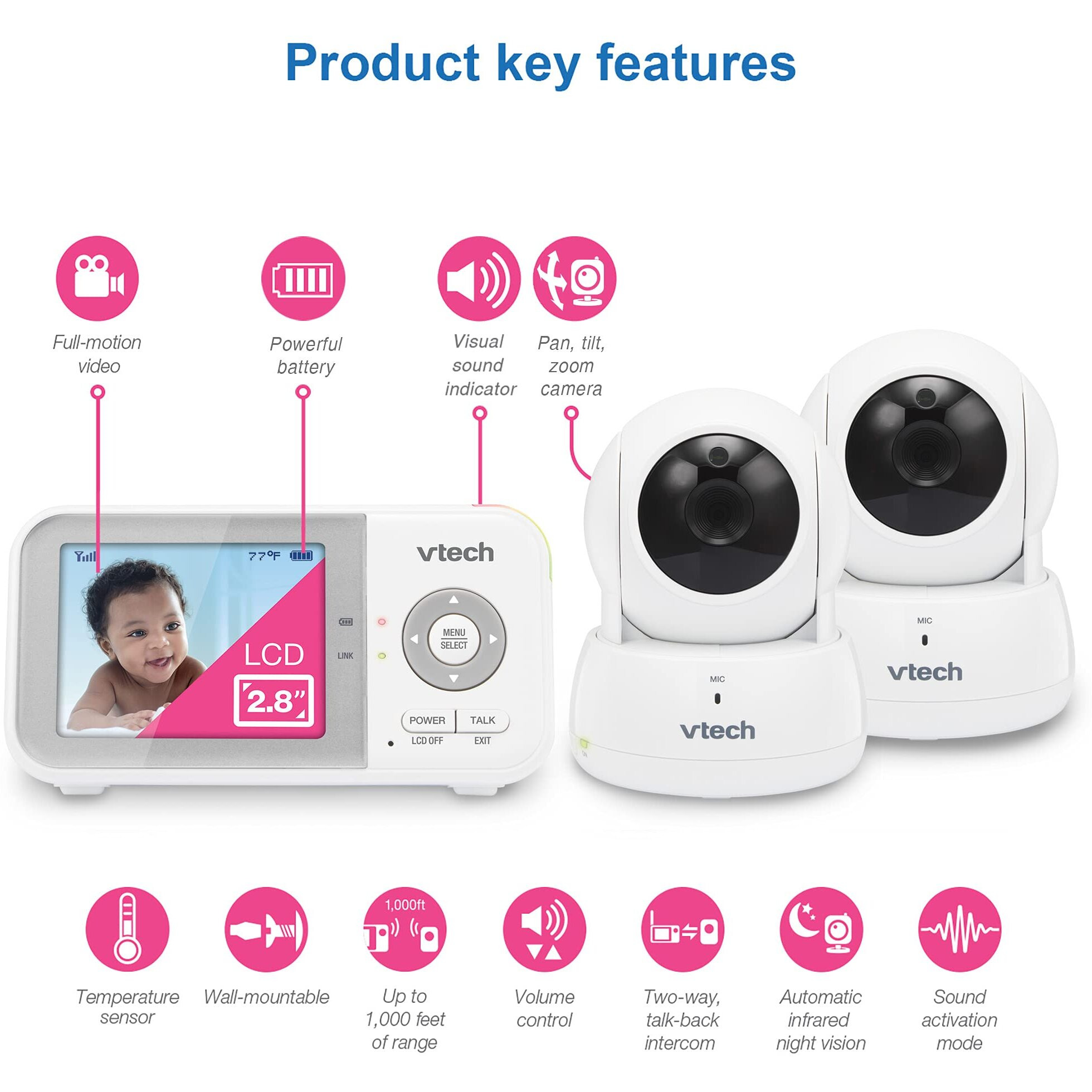 Vtech Vm923-2 Baby Monitor, 2.8Screen, 1000Ft Range, Pan-Tilt-Zoom, Night Vision, 2-Way Audio, Temperature Sensor, Lullabies, Secured Transmission No Wifi