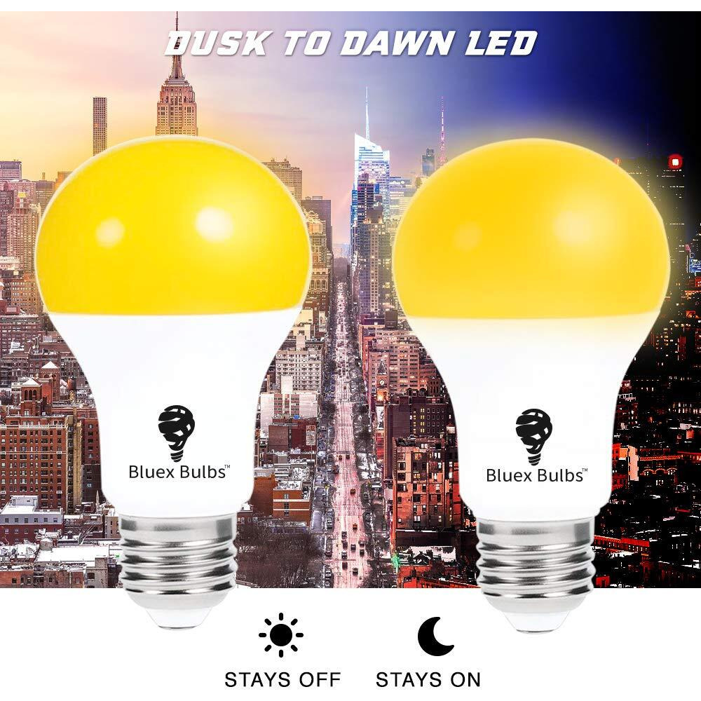 2 Pack Led Dusk To Dawn A19 Bug Light Bulbs, Yellow Bulb, Amber Light With Automatic Sensor Bulb, Led Porch Lights Security Outdoor Bulb, Auto On/Off, 2000K E26, 500 Lumens