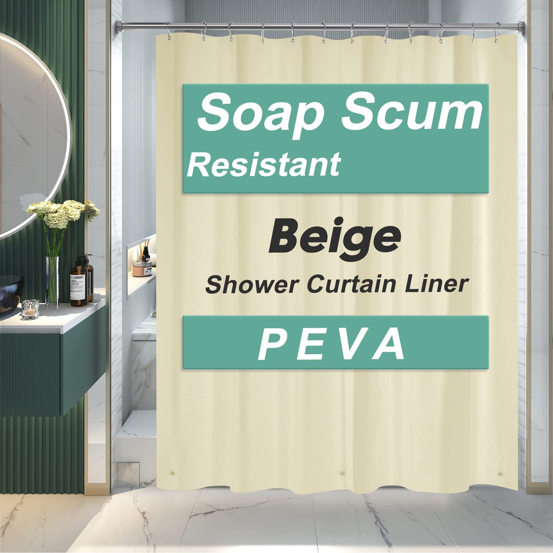 Amazerbath Shower Curtain Liner, 72X72 Beige Shower Curtain Liner, Lightweight Plastic Shower Curtain Liner, Cute Peva Waterproof Cream Shower Curtains For Bathroom With 3 Magnets And 12 Grommets