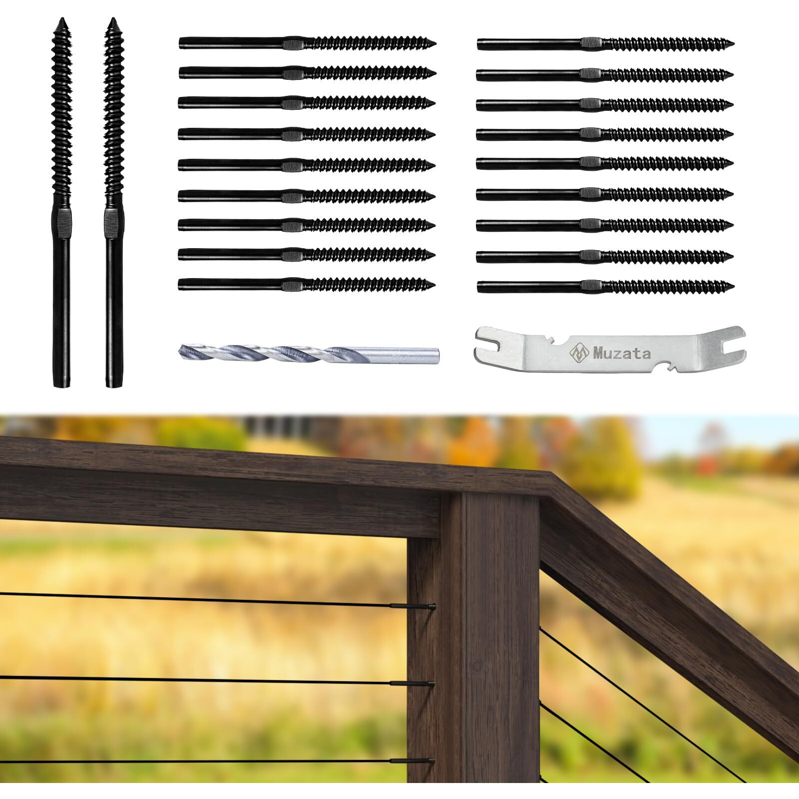Muzata 20Pack 1/8" Black Swage Lag Screws Left & Right Black Cable Railing Hardware Kit Handed Thread For Wood Post T316 Stainless Steel Stair Deck Neatblack System 10 Pairs Ck17, Ca7