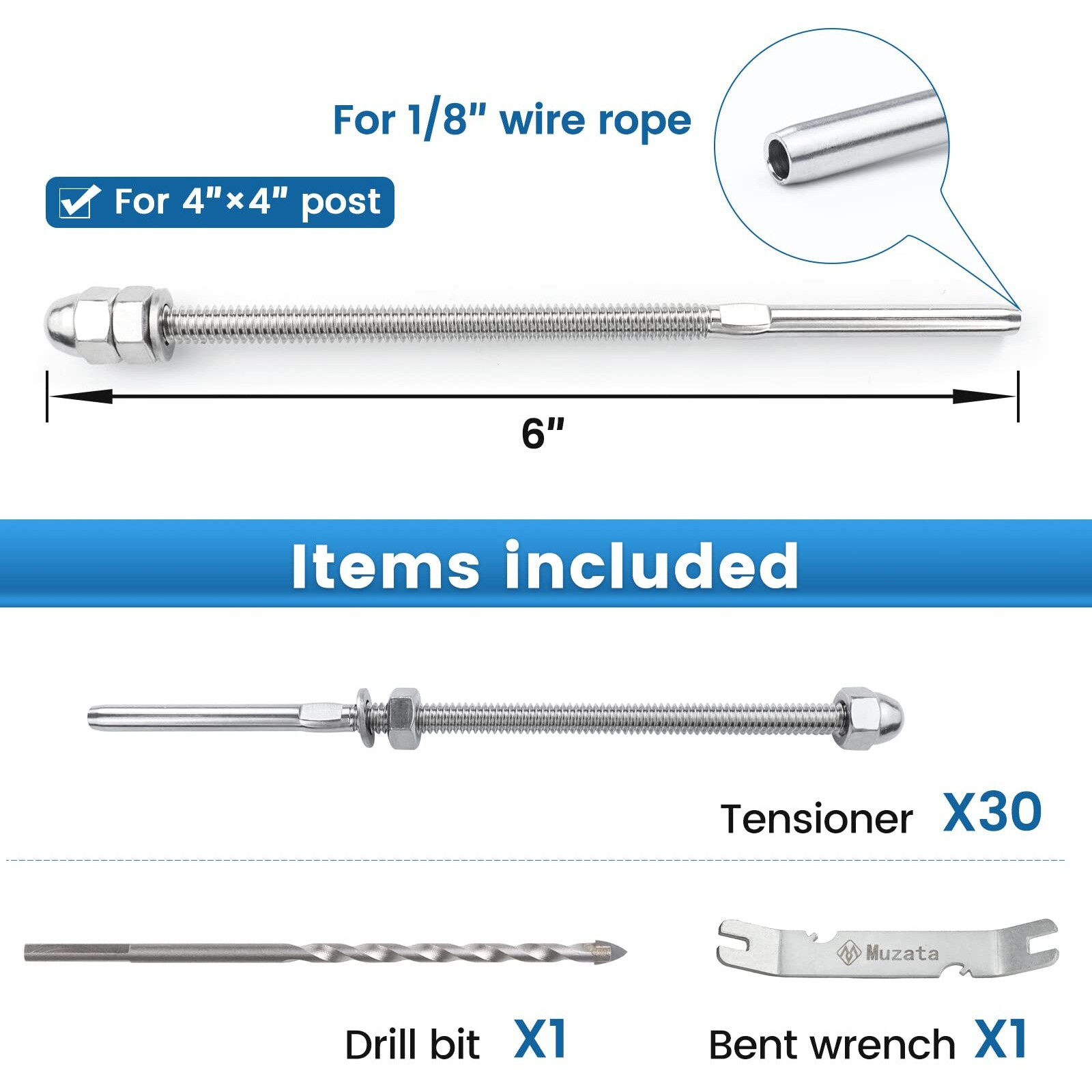 Muzata 30Pack 1/8" Cable Railing Kit Hand Swage Threaded Stud Tensioner 4X4 2X2 Wood Metal Post T316 Deck Stair Cable Railing Hardware Cr39 Ca6
