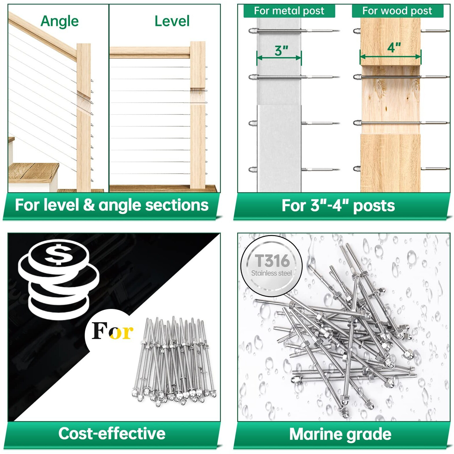 Muzata 30Pack 1/8" Cable Railing Kit Hand Swage Threaded Stud Tensioner 4X4 2X2 Wood Metal Post T316 Deck Stair Cable Railing Hardware Cr39 Ca6