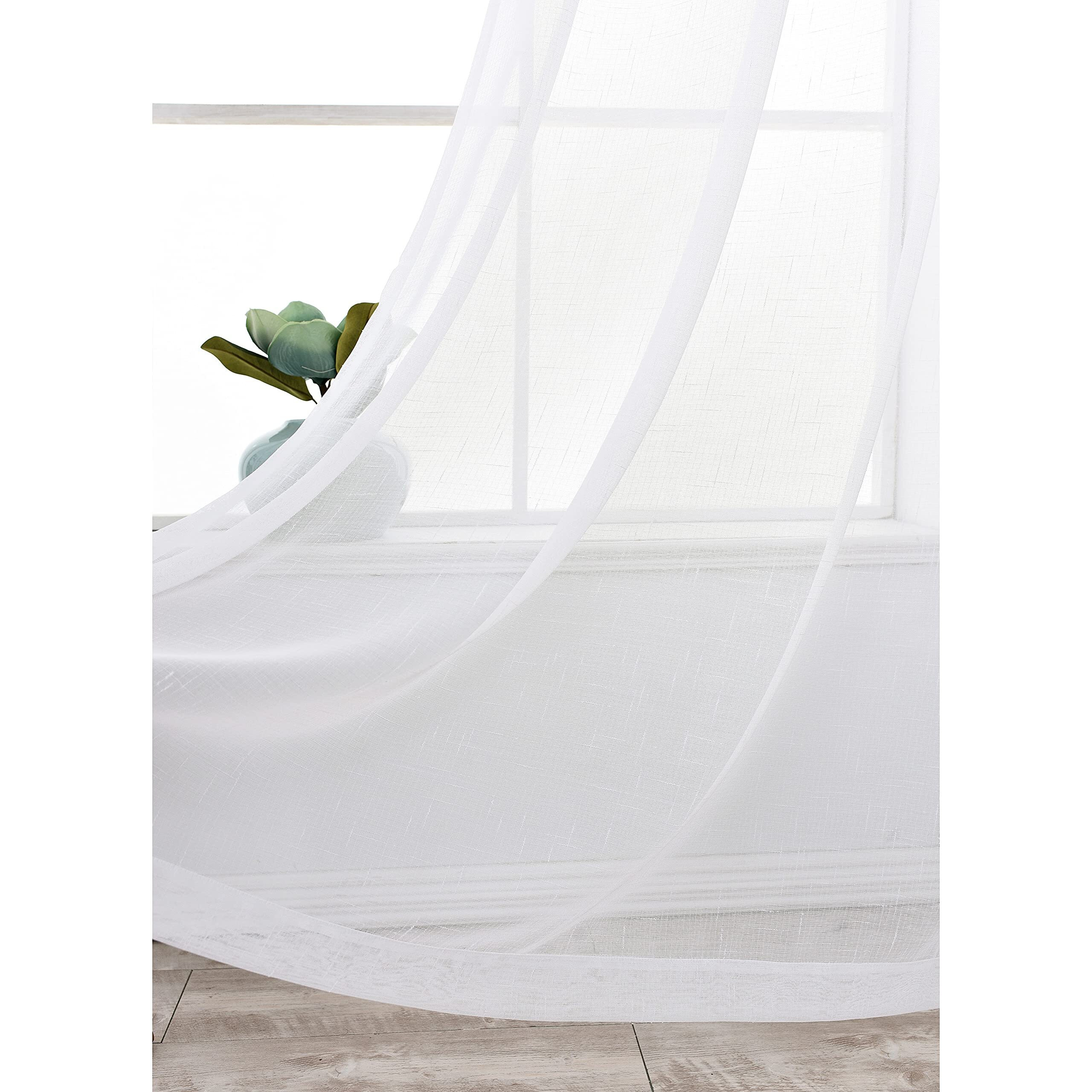 Rndrsse Sheer Curtains Faux Linen Semi Voile Light Filtering Drapes Pair For Bedroom Living Room, Set Of 2 Grommet Top Window Curtain Panels (Each 54 X 84 Inch, White)