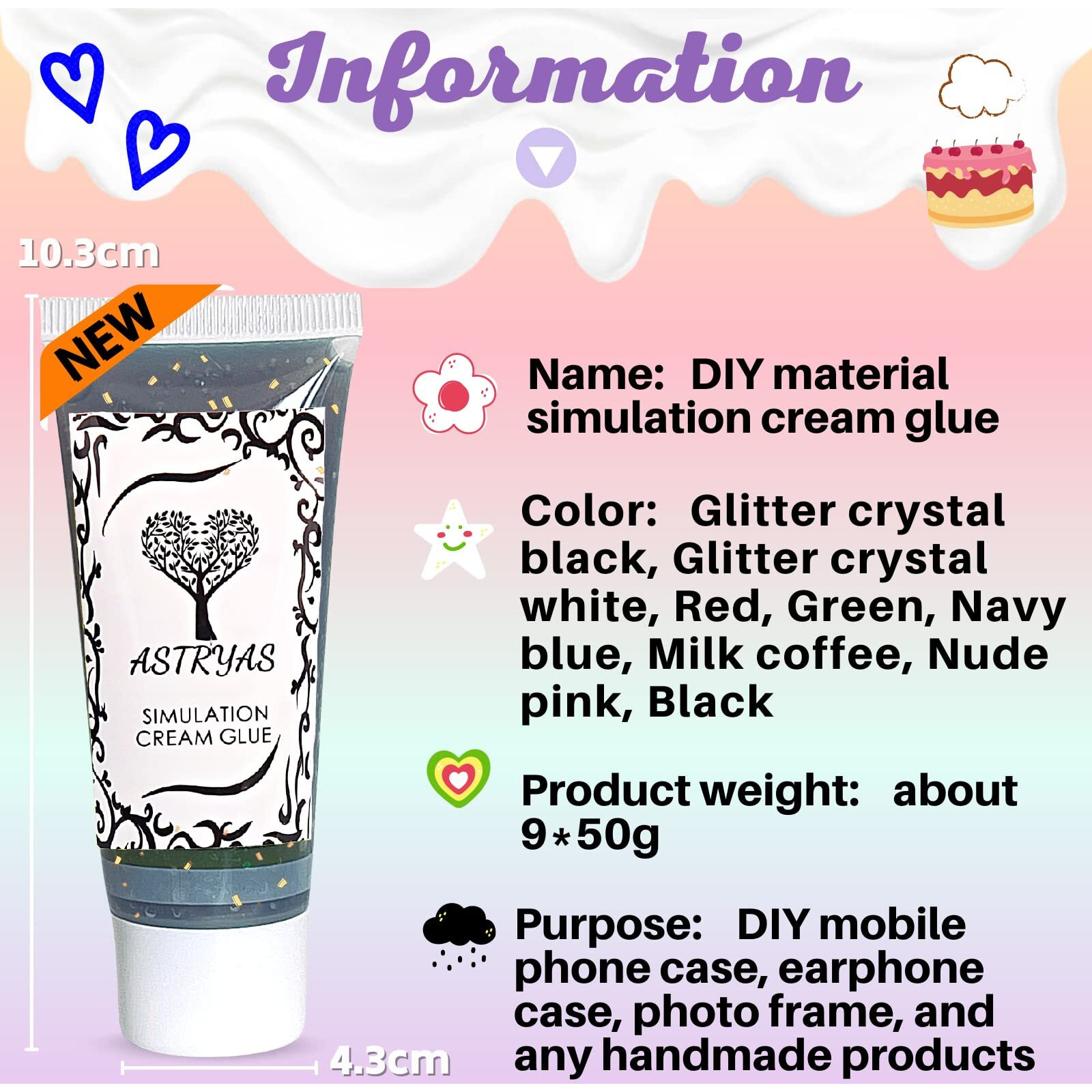 Simulation Fake Whipped Cream Glue, 9 Pcs Diy Phone Case Kit, Decoden Cream Clay Glue Silicone Cream Adhesive Set With 14 Plastic Decorating Mouth For Handmade Craft(Dark Color Set)(7 Solid+2 Glitter)