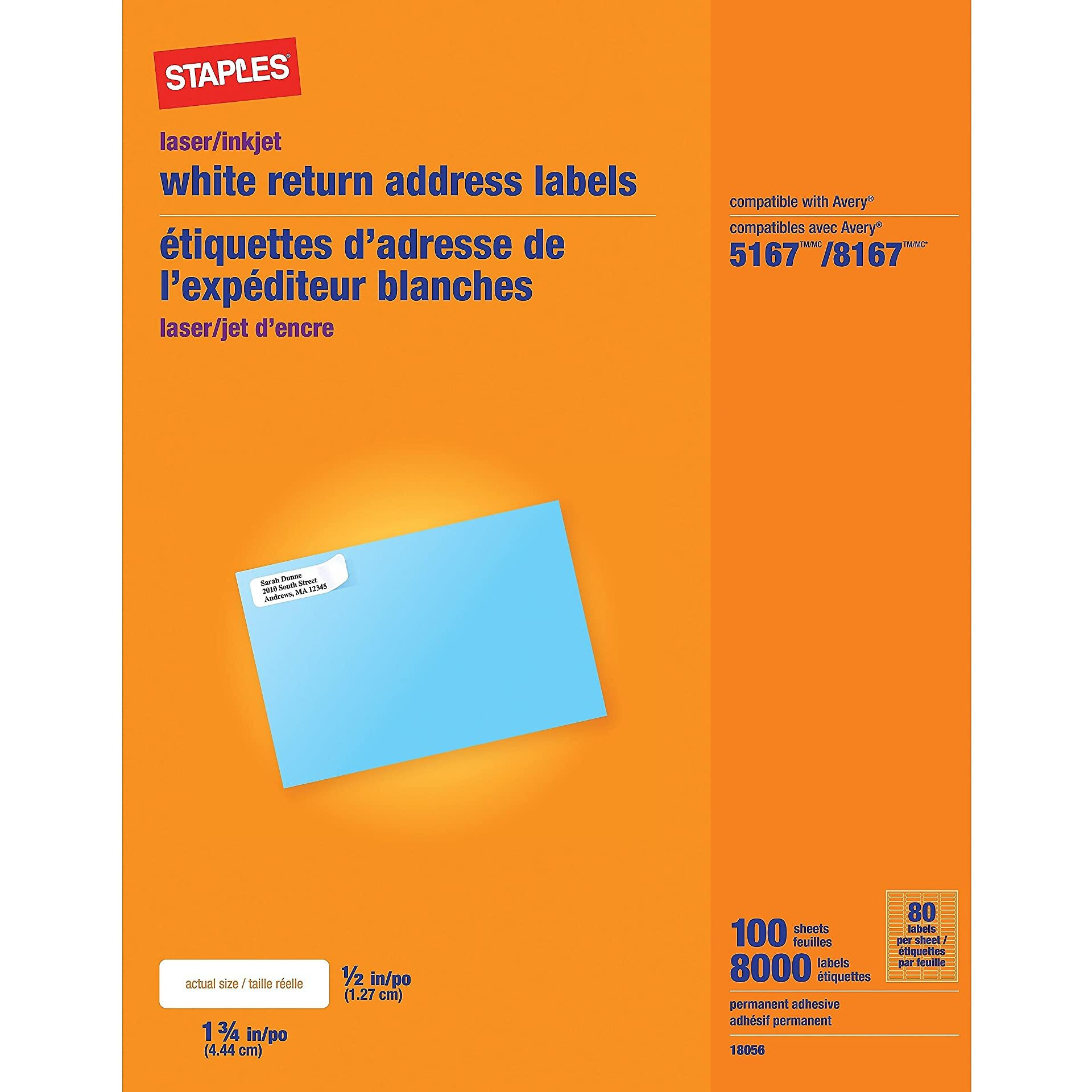 Staples 573945 Laser/Inkjet Shipping Labels 0.5-Inch W X 1.75-Inch L White 80 Labels/Sheet
