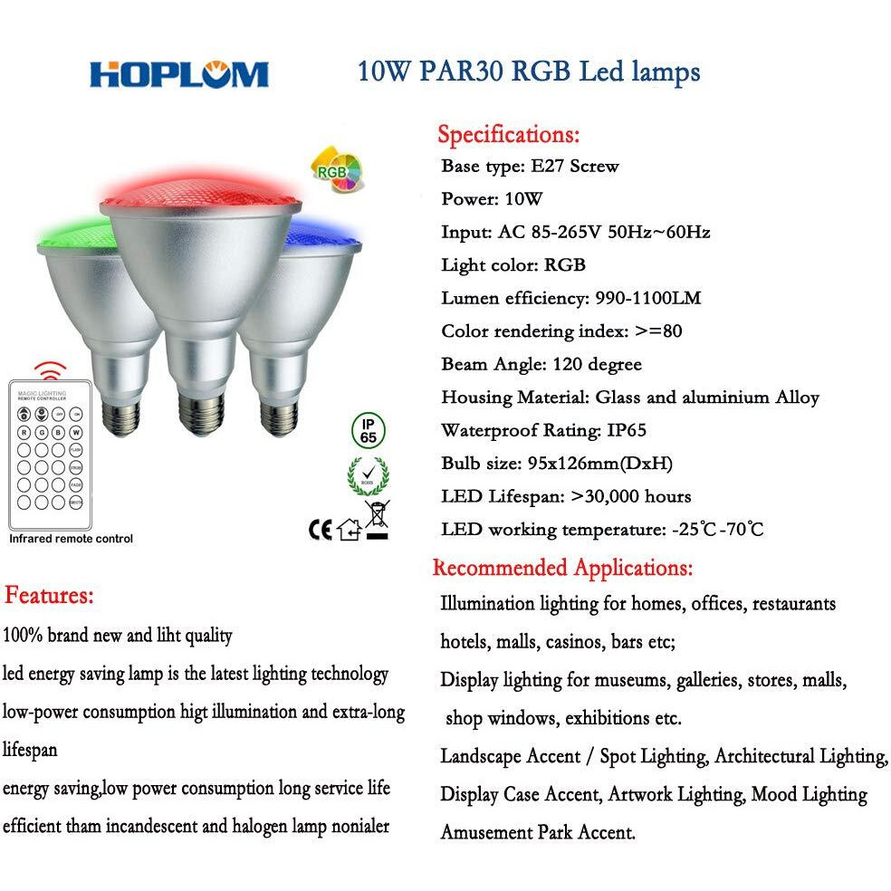 Hoplom 10W Par30 Rgb Colored Led Spotlight Outdoor, E27/E26 Color Changing Light Bulb, Waterproof Flood Light With Remote For Holiday Home Party Decor