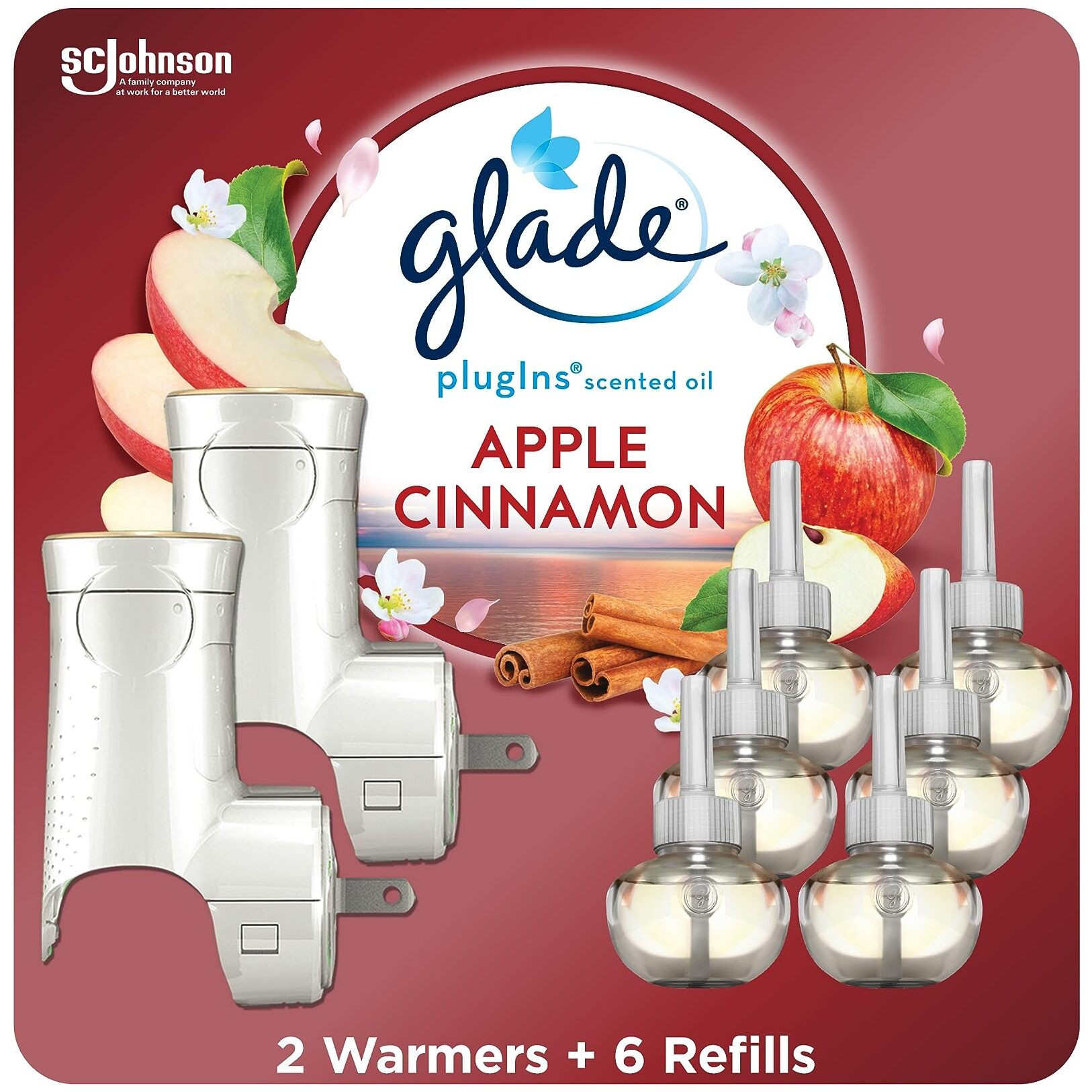Glade Plugins Air Freshener Starter Kit, Scented And Essential Oils For Home And Bathroom, Apple Cinnamon, 4.02 Fl Oz, 2 Warmers And 6 Refills