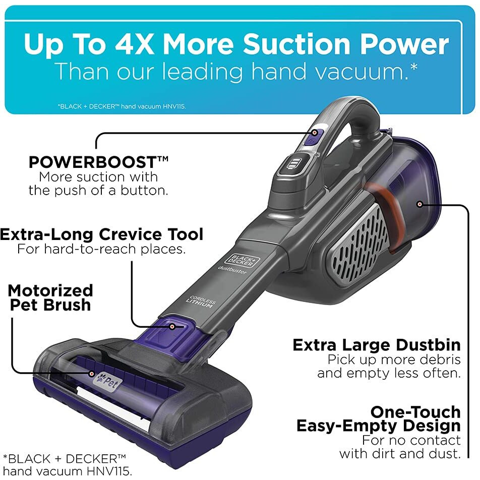 Black+Decker Dustbuster Furbuster Advancedclean+ Cordless Pet Handheld Vacuum, Home, Pet And Car Vacuum (Hhvk515Jp07)