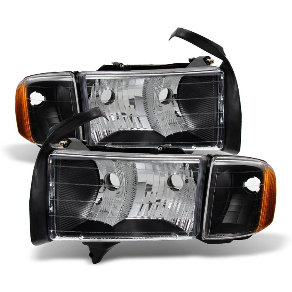 Acanii - For 1999 2000 2001 Dodge Ram 1500 Sport Model Black Headlights Headlamps W/Corner Lights Pair Set Left+Right