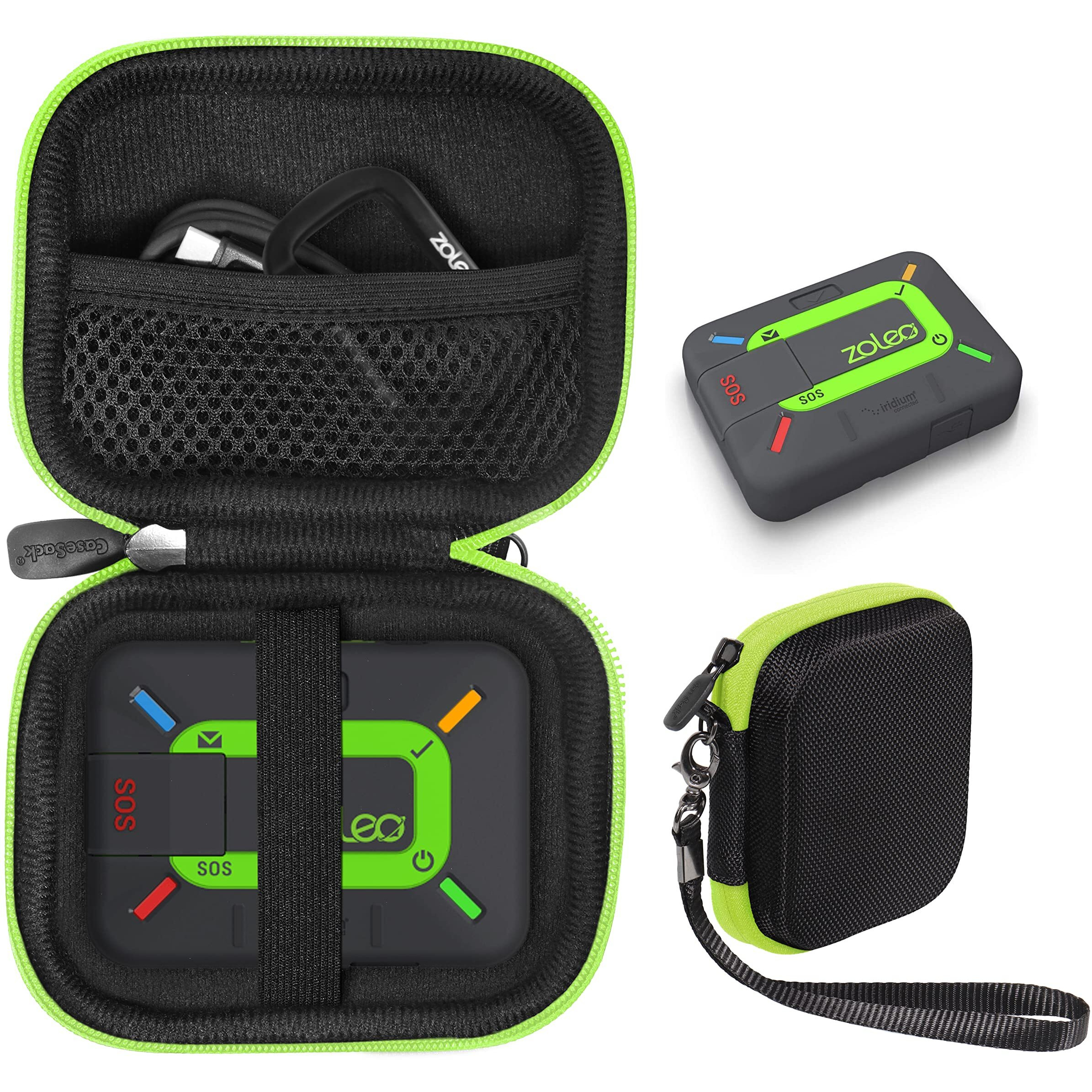 Casesack Case For Zoleo Satellite Communicator, Black With Green Zip To Match Zoleo, Mesh Accessory Pocket (Black With Green Zip)