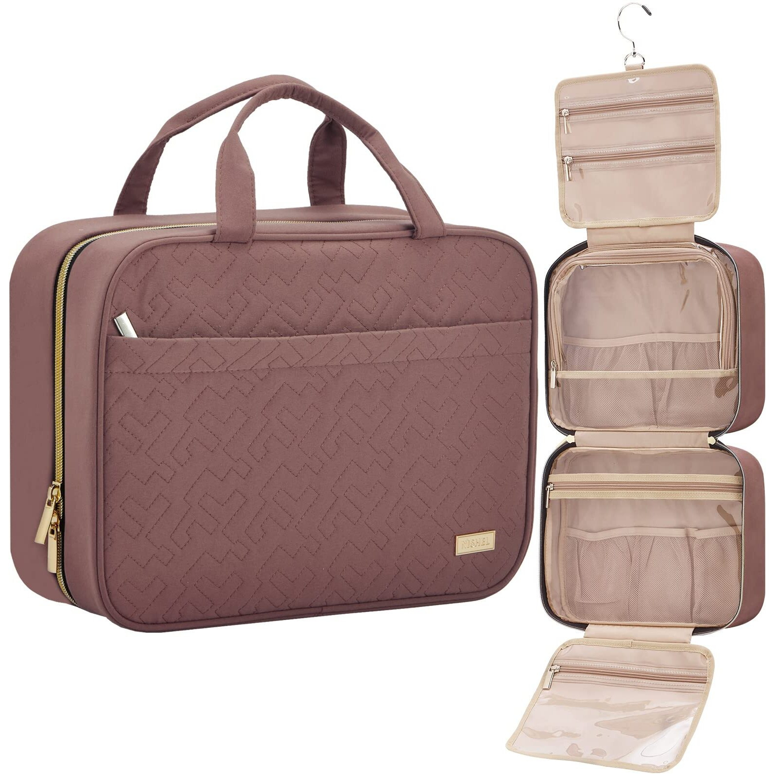 Nishel Travel Toiletry Bag For Women, Portable Hanging Organizer For Full-Sized Shampoo, Conditioner, Brushes Set, Travel-Size Accessories, Rosewood-Pink
