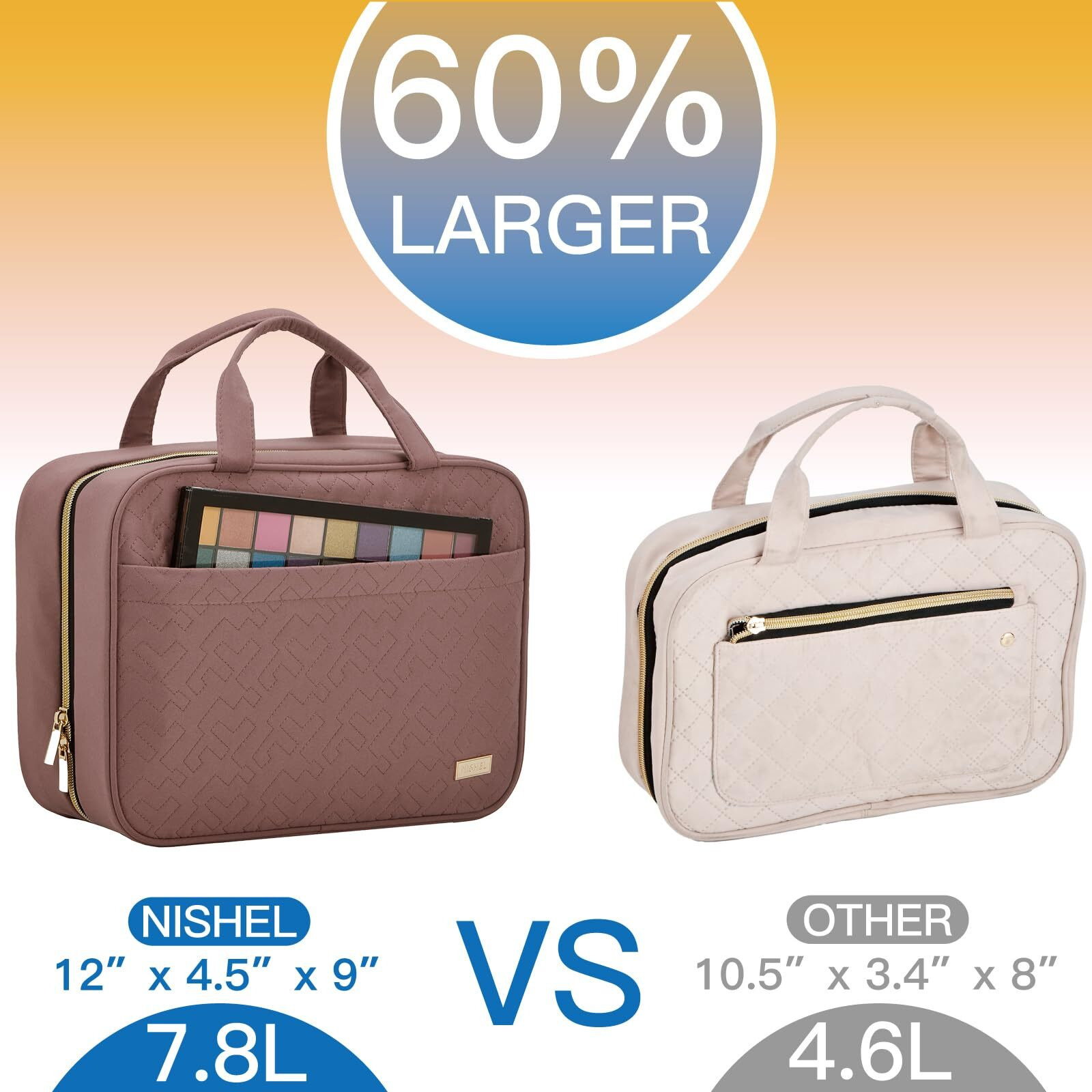 Nishel Travel Toiletry Bag For Women, Portable Hanging Organizer For Full-Sized Shampoo, Conditioner, Brushes Set, Travel-Size Accessories, Rosewood-Pink