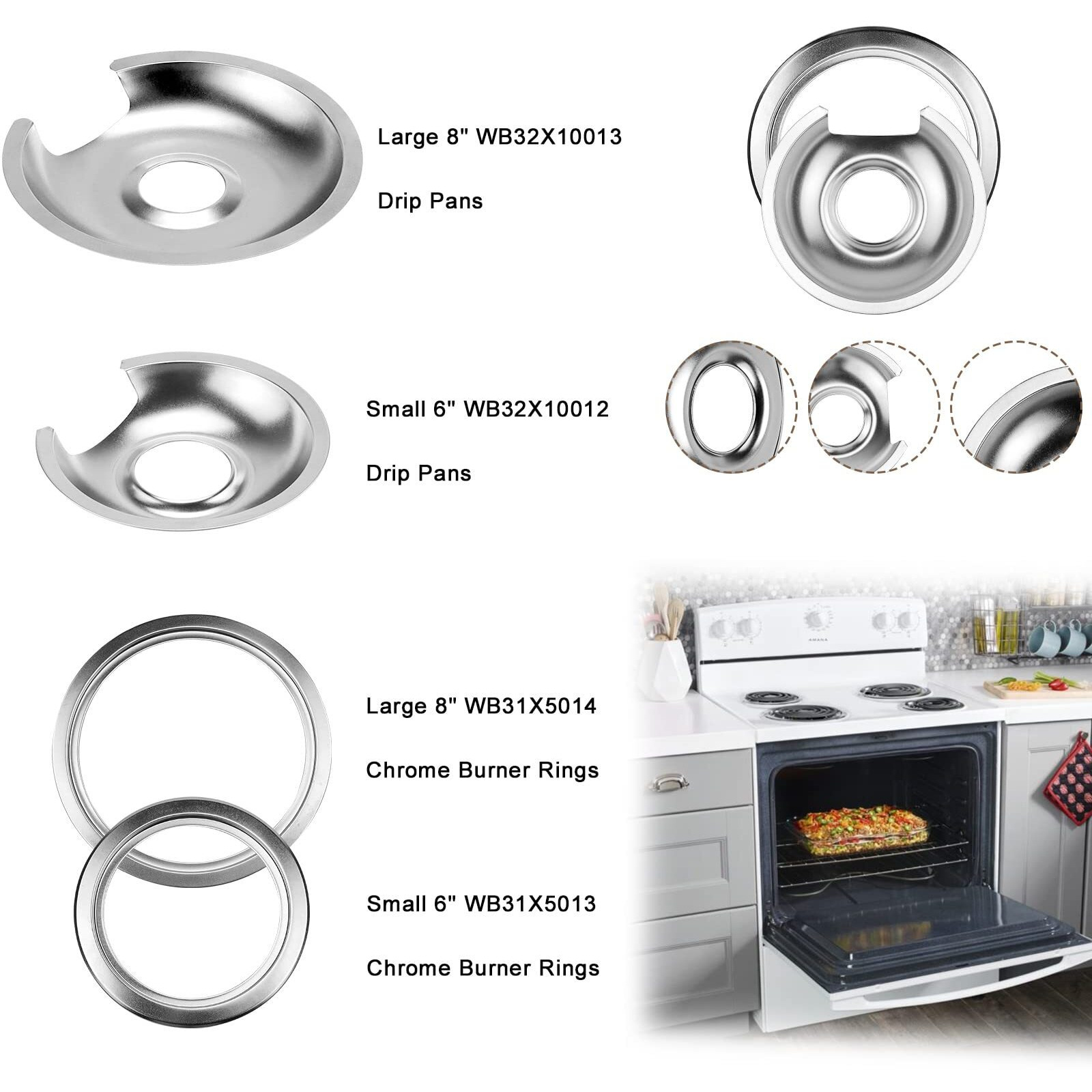 Electric Stove Burner Drip Pans 2 Large 8'' Wb32X10013 & 2 Small 6'' Wb32X10012 Chrome Burner Drip Pan Bowls Set, Drip Pan And Trim Ring Set For Electric Range By Fetechmate