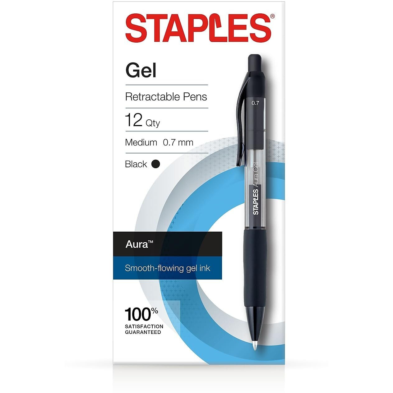 Staples 2072167 Aura Gel Retractable Pens 0.7Mm Black 12Pk (29195)
