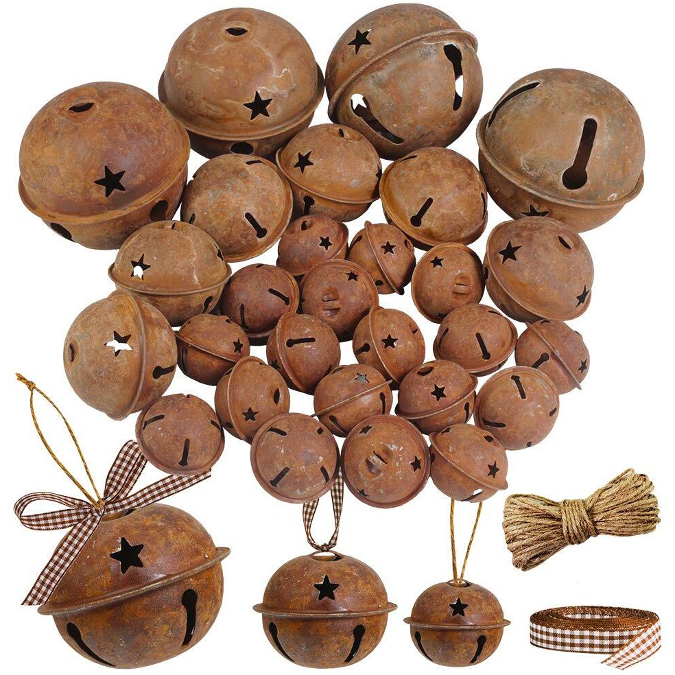 Winlyn 28 Pack Rusty Jingle Bells With Star Cutouts Christmas Sleigh Bells Rustic Metal Craft Bells Star Bells With Jute Rope Ribbon For Holiday Season Primitive Country Dcor 3 Sizes 1.6" 2.4" 3.5"