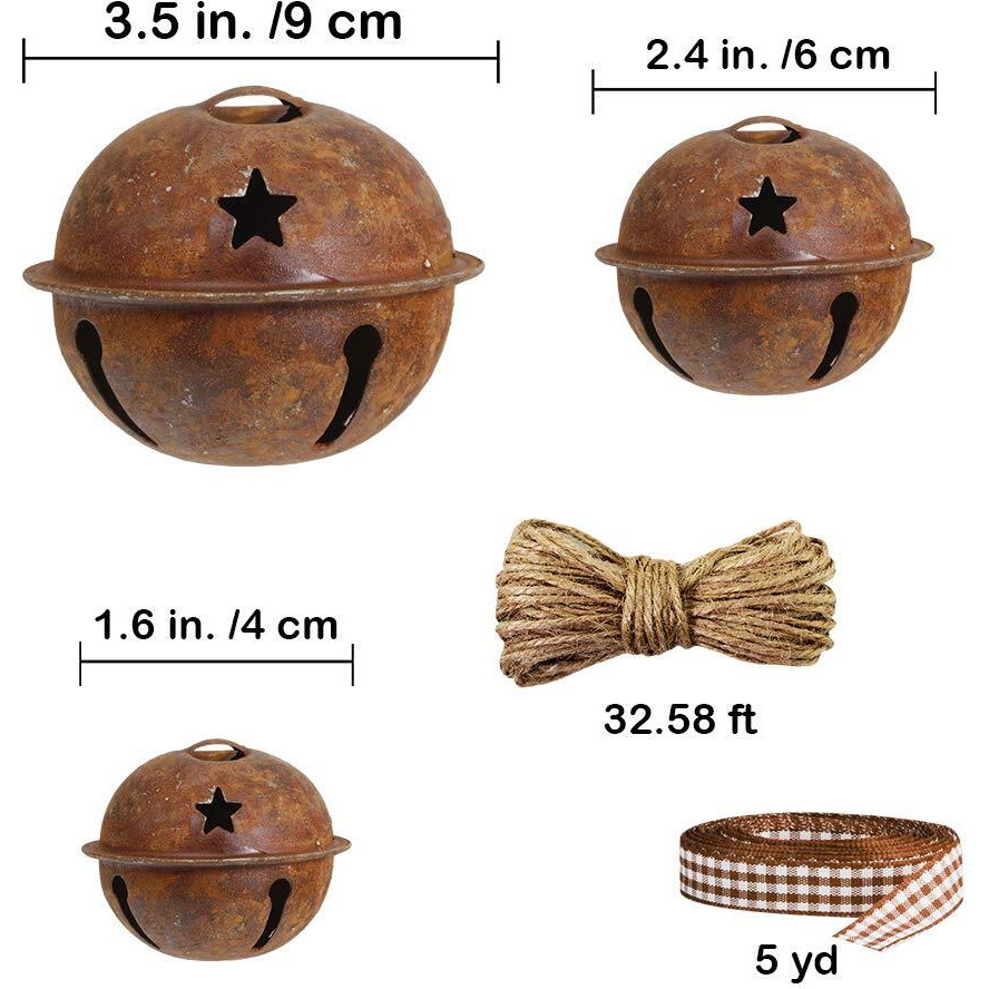 Winlyn 28 Pack Rusty Jingle Bells With Star Cutouts Christmas Sleigh Bells Rustic Metal Craft Bells Star Bells With Jute Rope Ribbon For Holiday Season Primitive Country Dcor 3 Sizes 1.6" 2.4" 3.5"