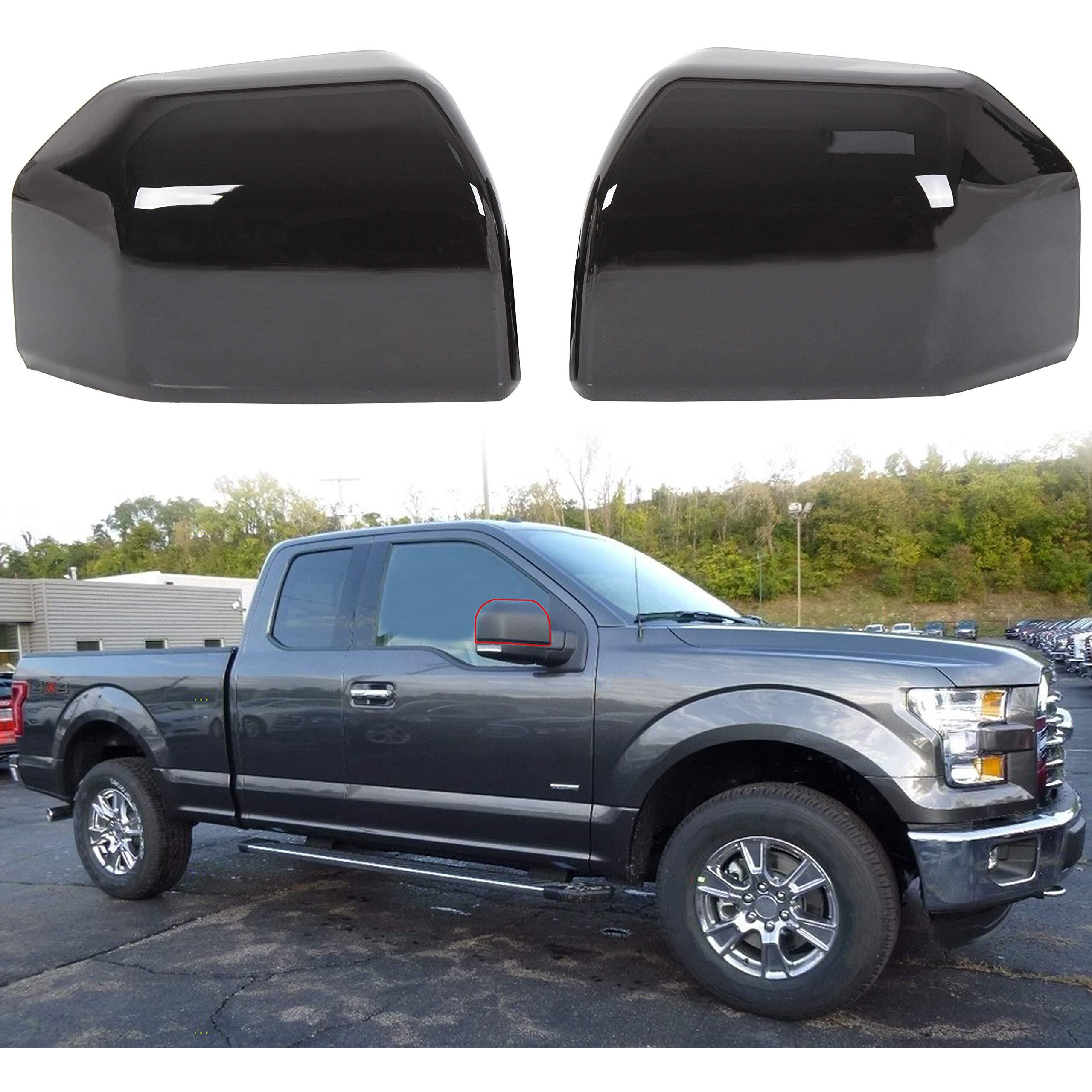 Ecotric Top Half Upper Driver/Passenger Side View Gloss Black Mirror Covers For 2015-2020 Ford F150 F-150 (Set Of 2 Mirror Cover Replacement)